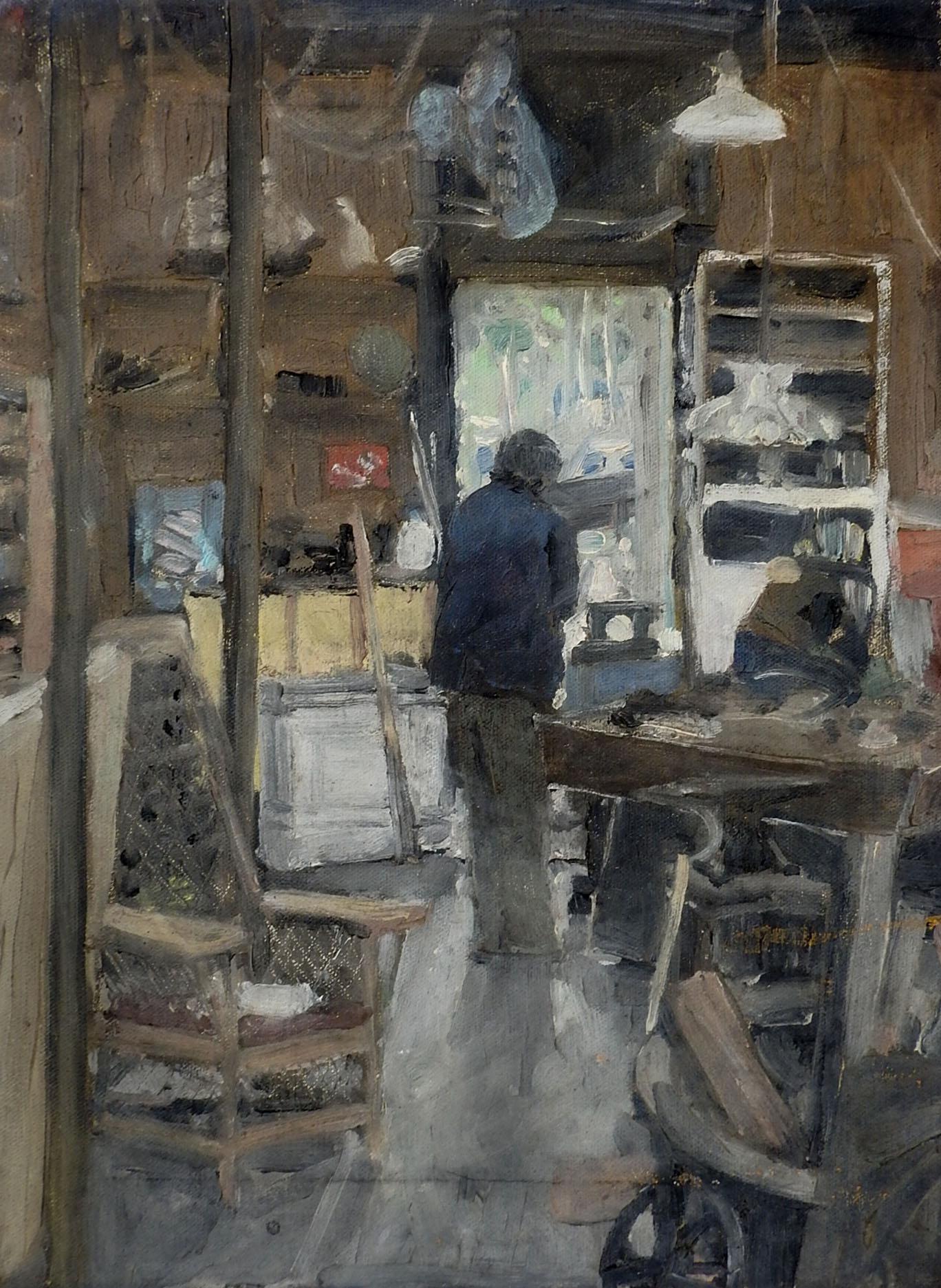 Late 20th century oil on canvas painting of interior of workshop. Unsigned. Unframed, edge wear, stains on back of canvas.