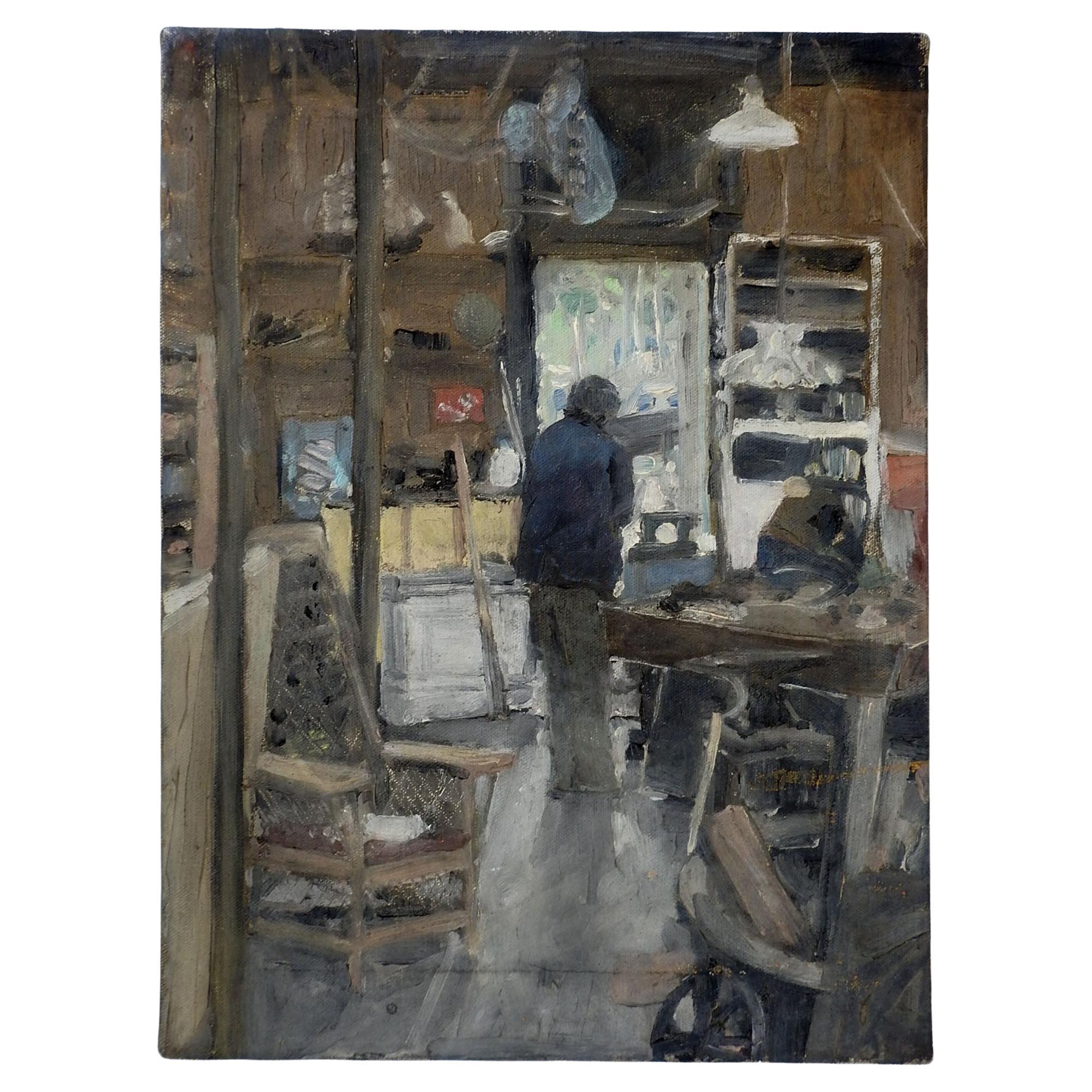 Late 20th Century Workshop Interior Impressionist Painting For Sale