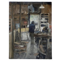 Retro Late 20th Century Workshop Interior Impressionist Painting