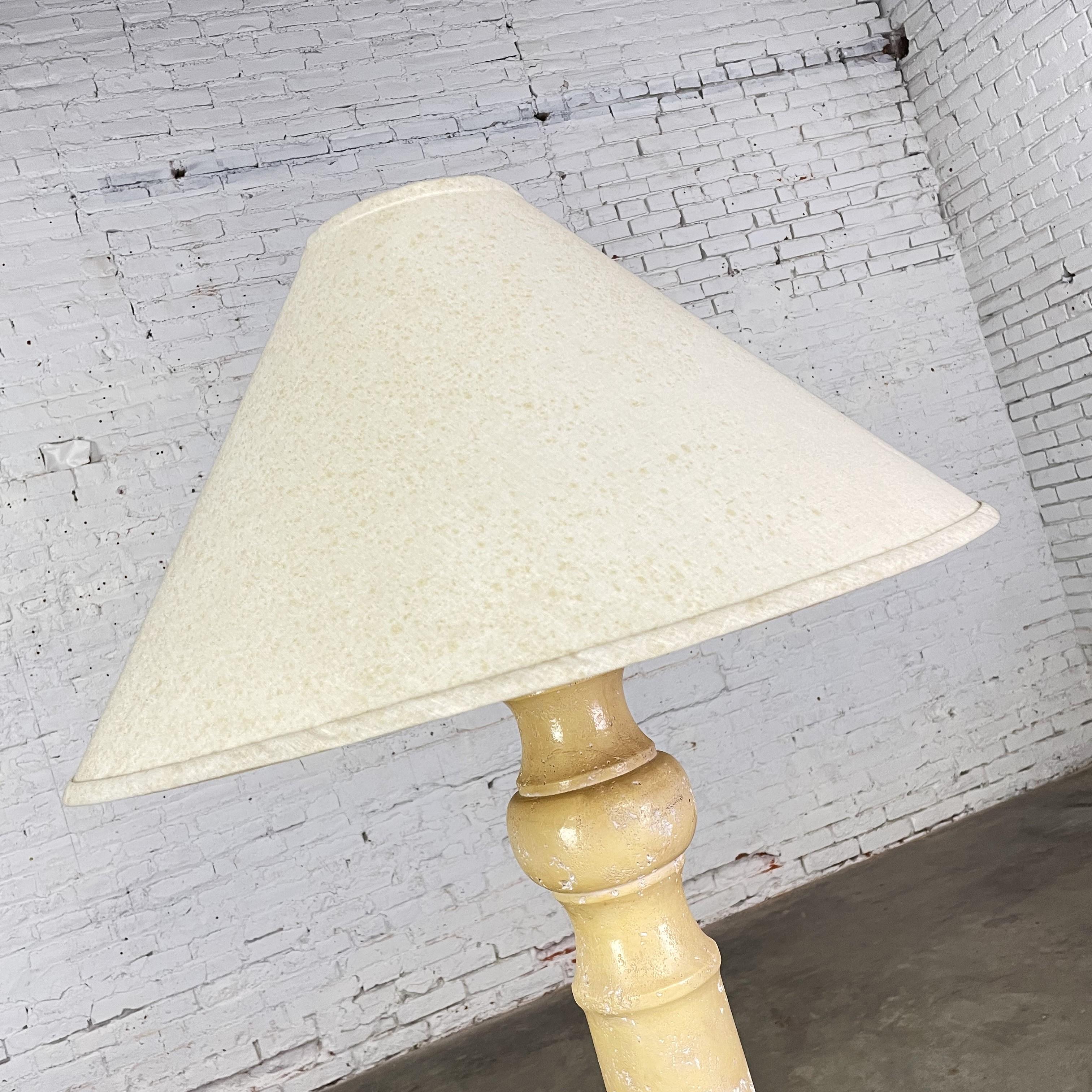 Late 20th Column Floor Lamp Faux Travertine Plaster Finish & Orig Coolie Shade For Sale 3