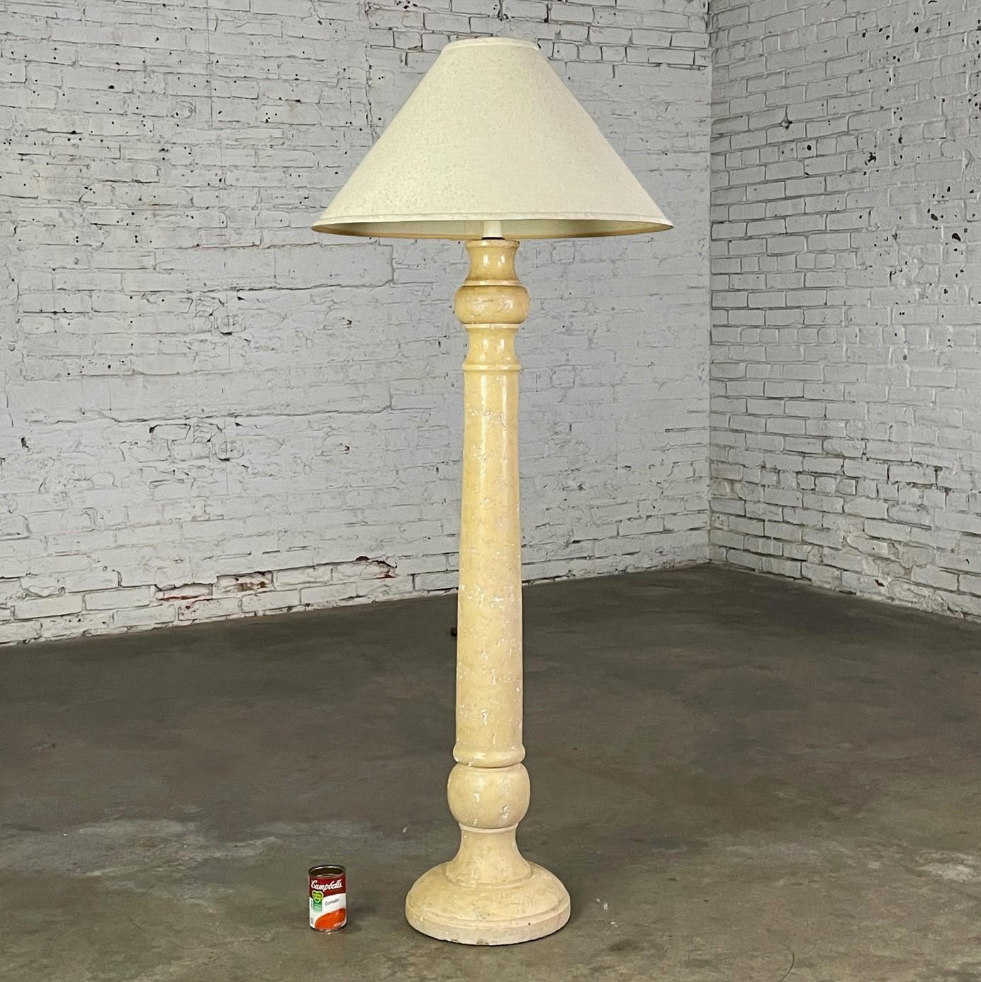 Late 20th Column Floor Lamp Faux Travertine Plaster Finish & Orig Coolie Shade For Sale 4