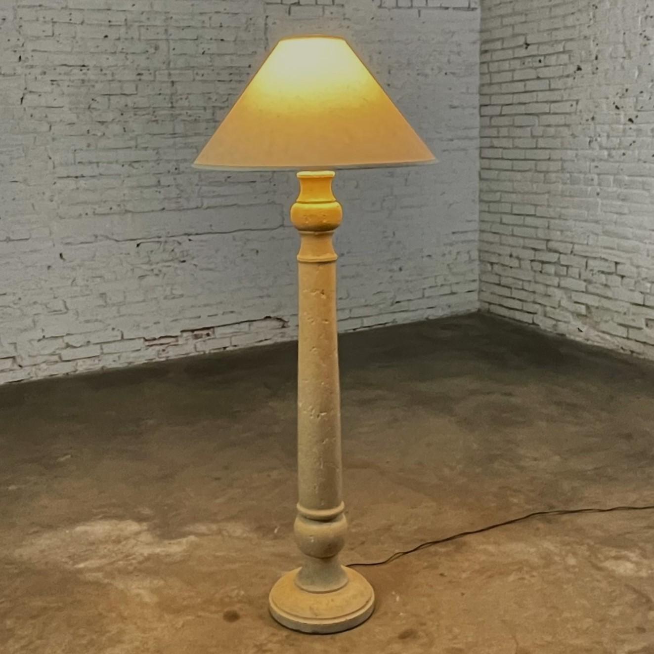 Late 20th Column Floor Lamp Faux Travertine Plaster Finish & Orig Coolie Shade For Sale 5