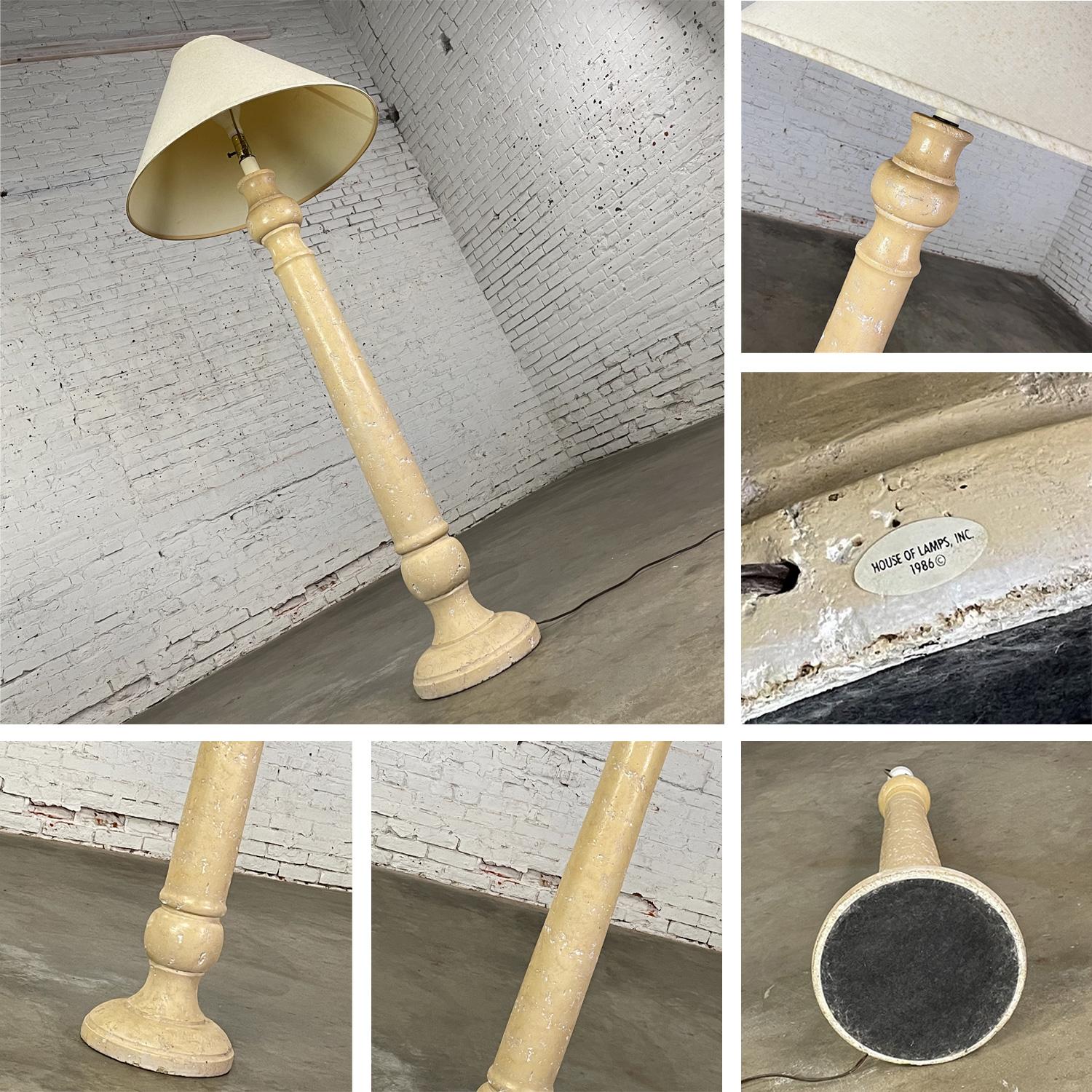 Late 20th Column Floor Lamp Faux Travertine Plaster Finish & Orig Coolie Shade For Sale 7