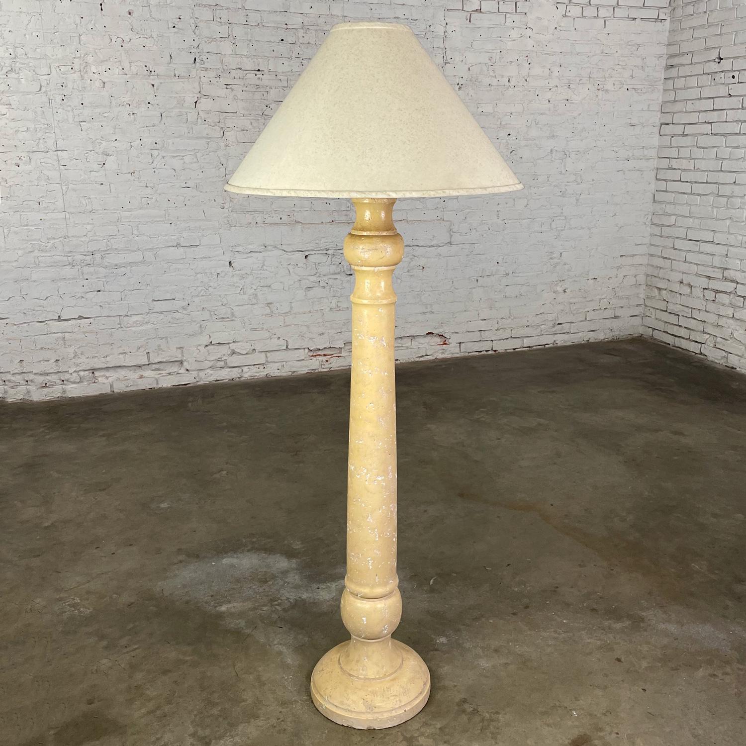 Late 20th Column Floor Lamp Faux Travertine Plaster Finish & Orig Coolie Shade For Sale 9