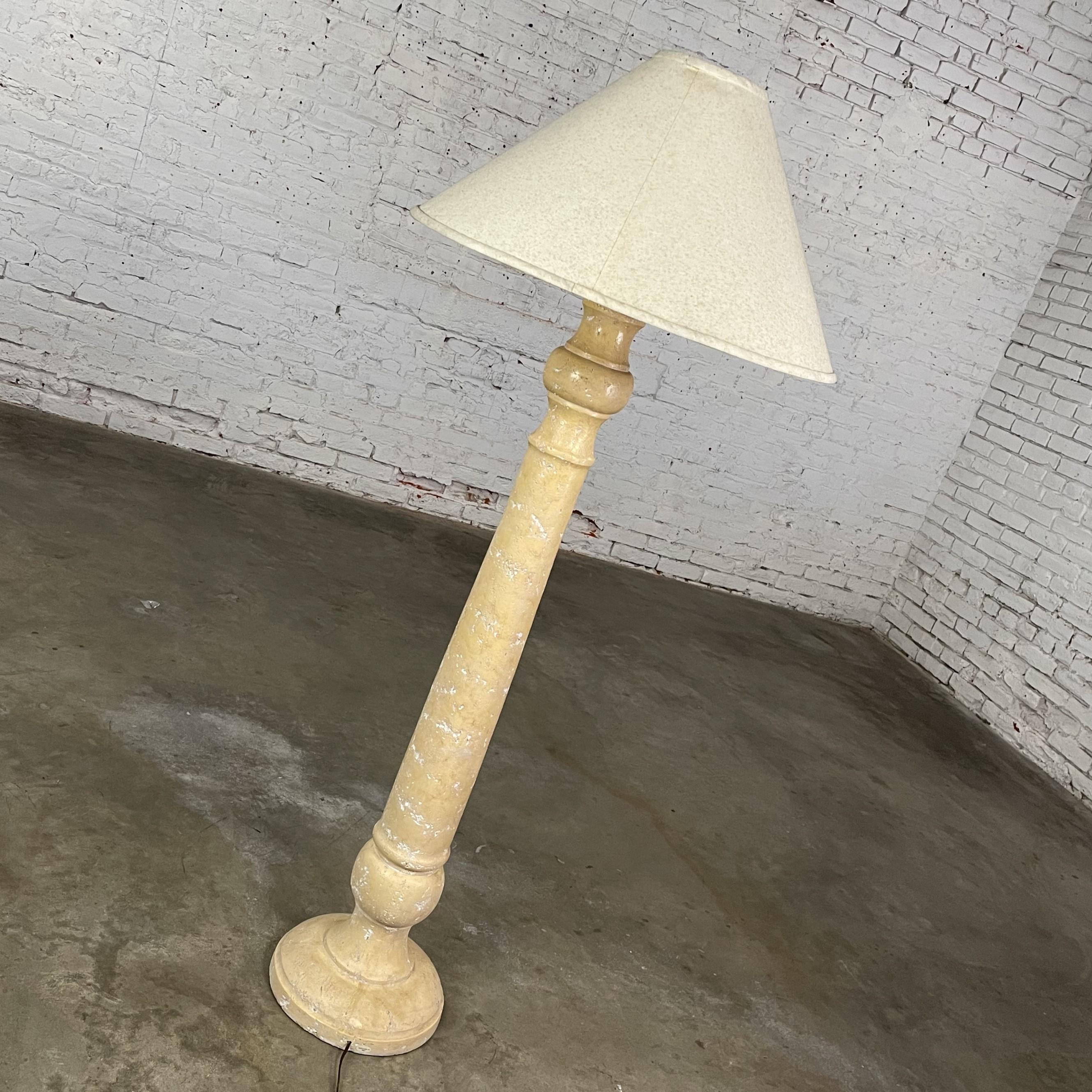 Wonderful vintage column floor lamp with a natural faux travertine plaster finish & original white linen-look coolie shade stamped 1986 House of Lamps. Beautiful condition, keeping in mind that this is vintage and not new so will have signs of use