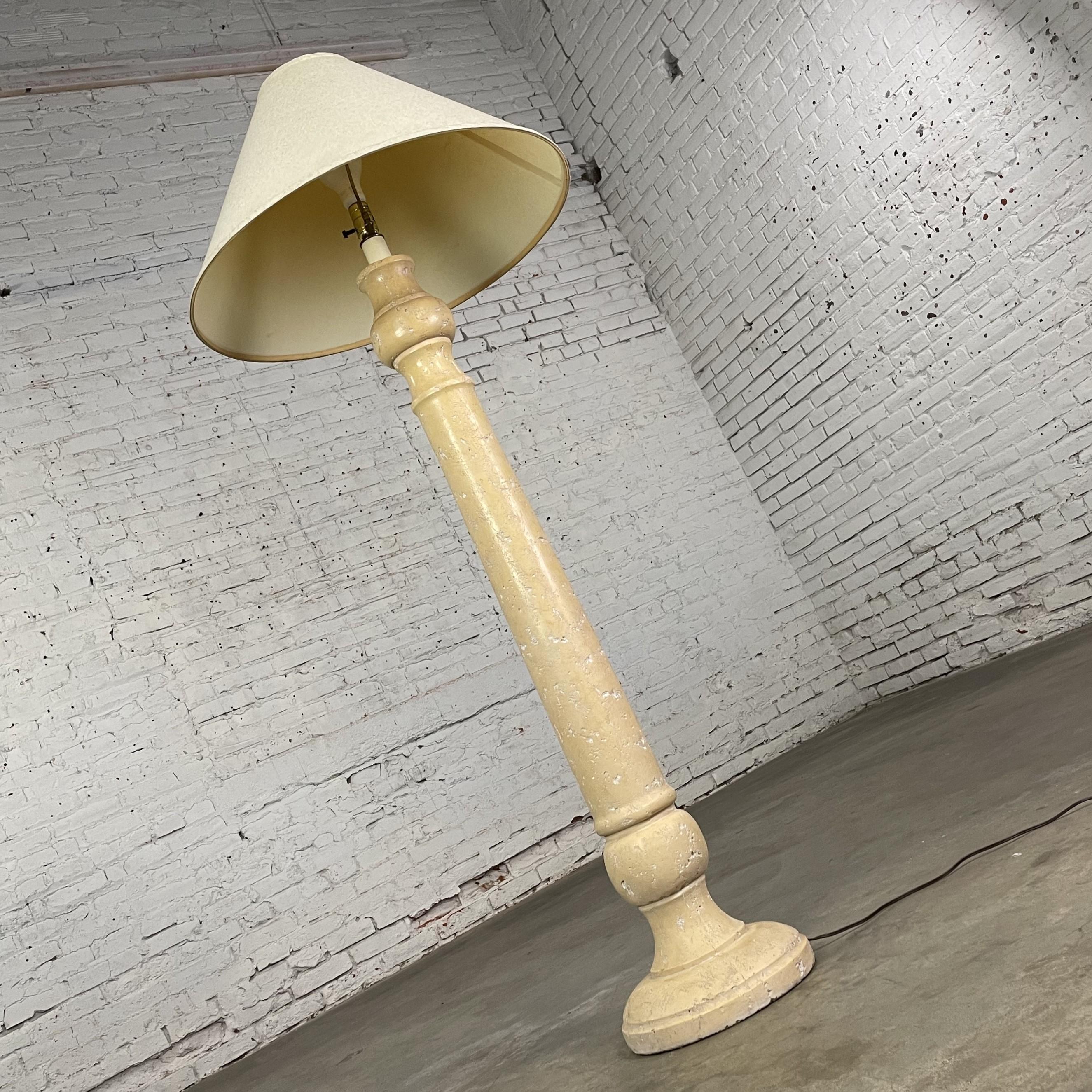 Modern Late 20th Column Floor Lamp Faux Travertine Plaster Finish & Orig Coolie Shade For Sale