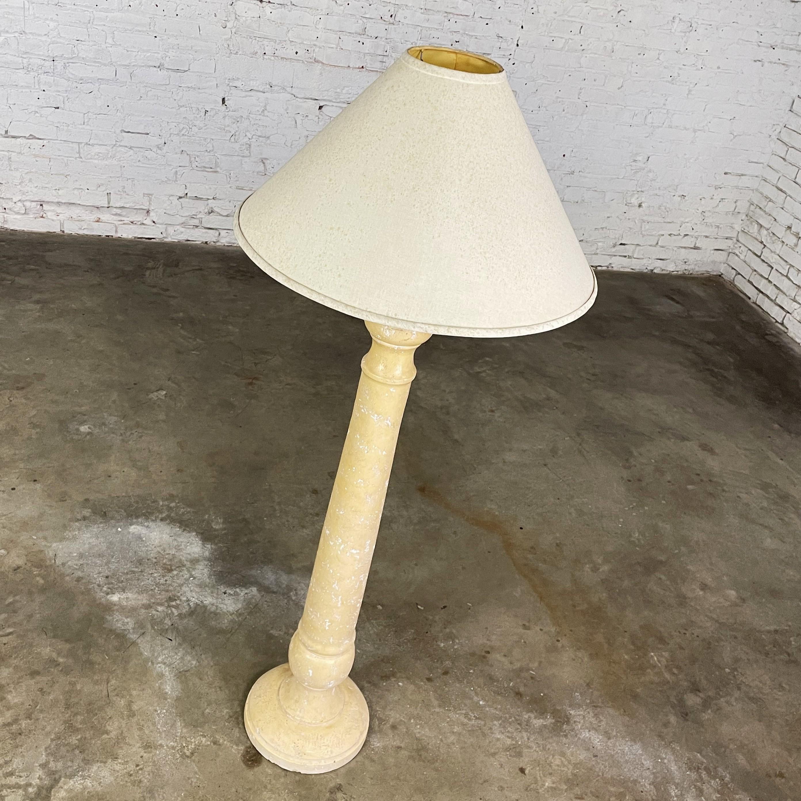 Unknown Late 20th Column Floor Lamp Faux Travertine Plaster Finish & Orig Coolie Shade For Sale