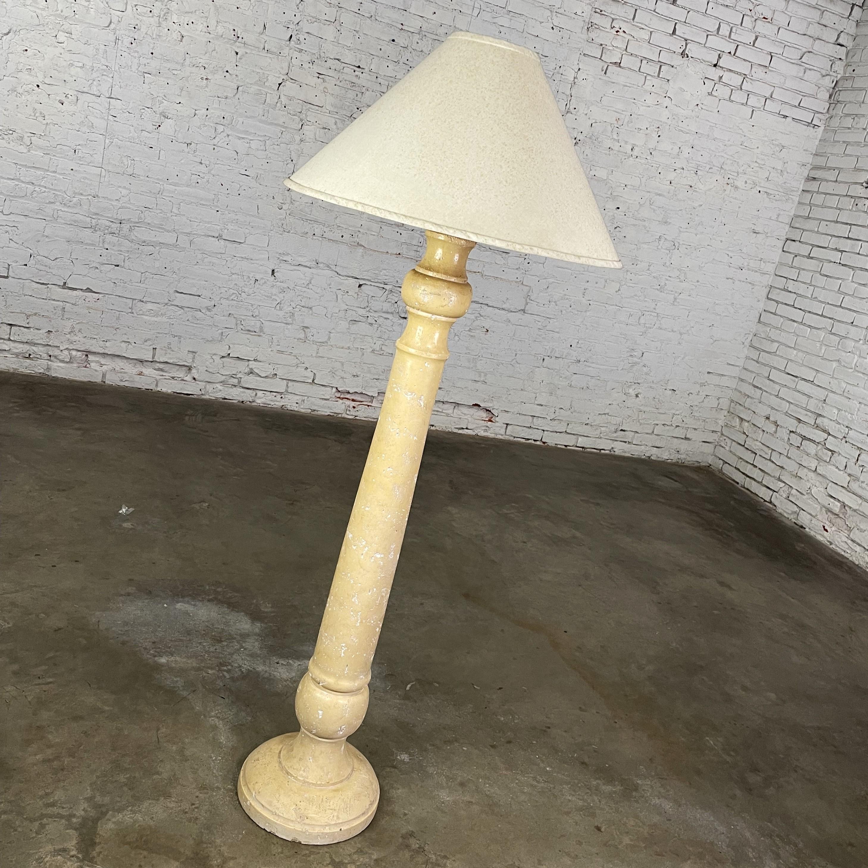 20th Century Late 20th Column Floor Lamp Faux Travertine Plaster Finish & Orig Coolie Shade For Sale
