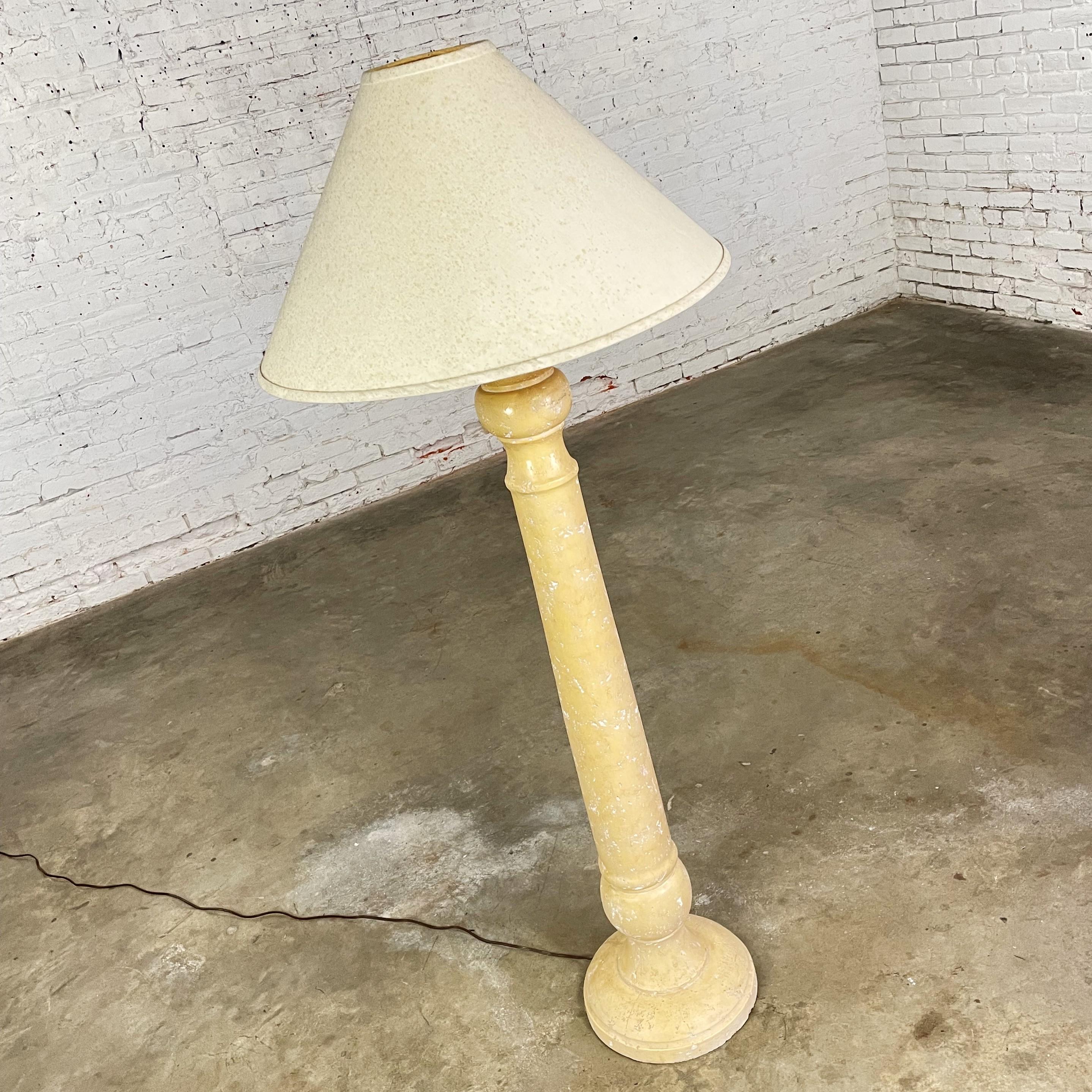 Metal Late 20th Column Floor Lamp Faux Travertine Plaster Finish & Orig Coolie Shade For Sale