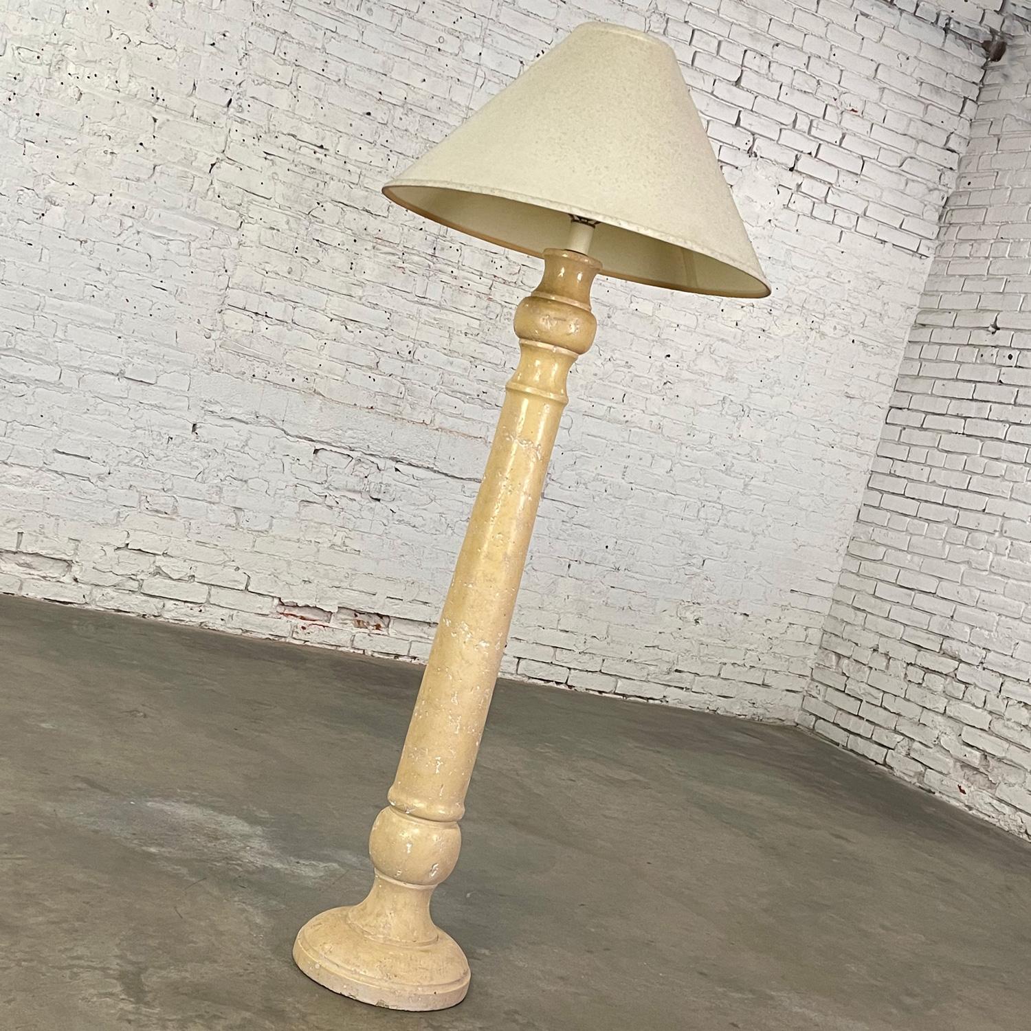 Late 20th Column Floor Lamp Faux Travertine Plaster Finish & Orig Coolie Shade For Sale 1