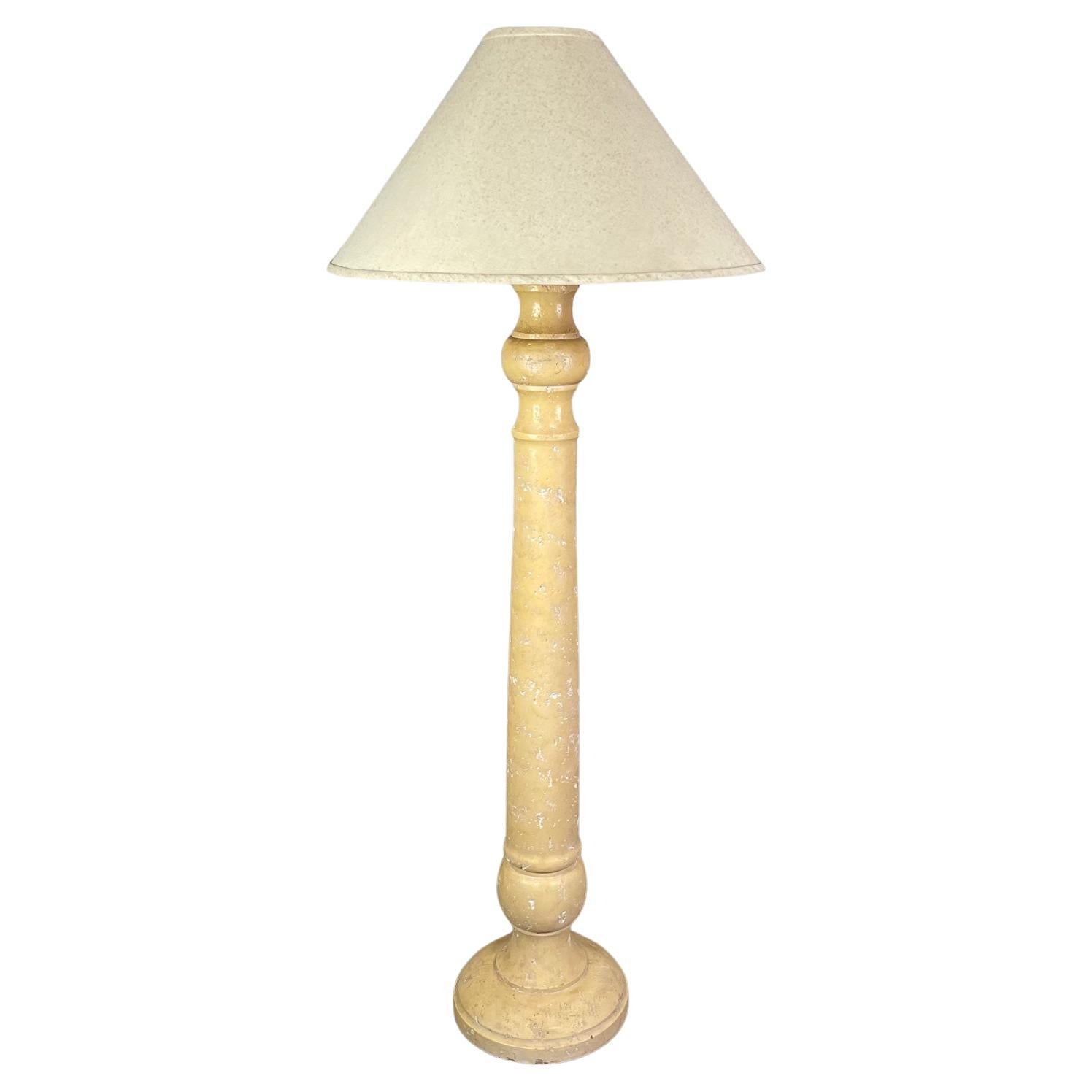 Late 20th Column Floor Lamp Faux Travertine Plaster Finish & Orig Coolie Shade For Sale