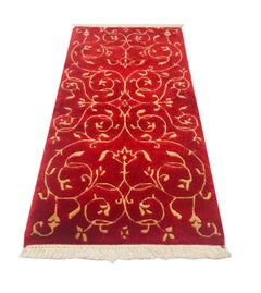 Late 20th Century Hand Knotted Indian Rug with Wool & Silk in Red & Gold Yellow