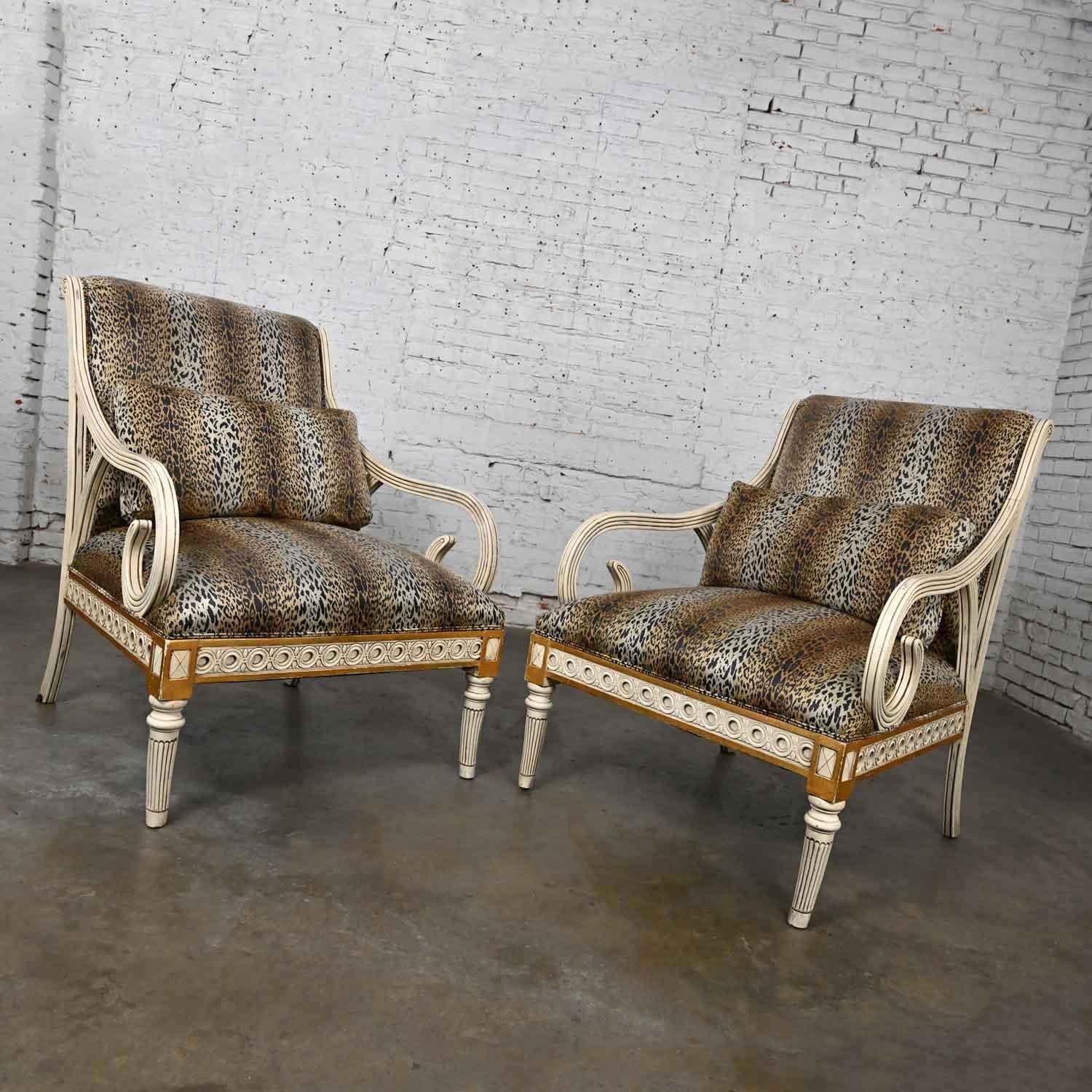 20th Century Late 20th Henredon Neoclassic Revival Animal Print Large Scale Arm Chairs a Pair For Sale