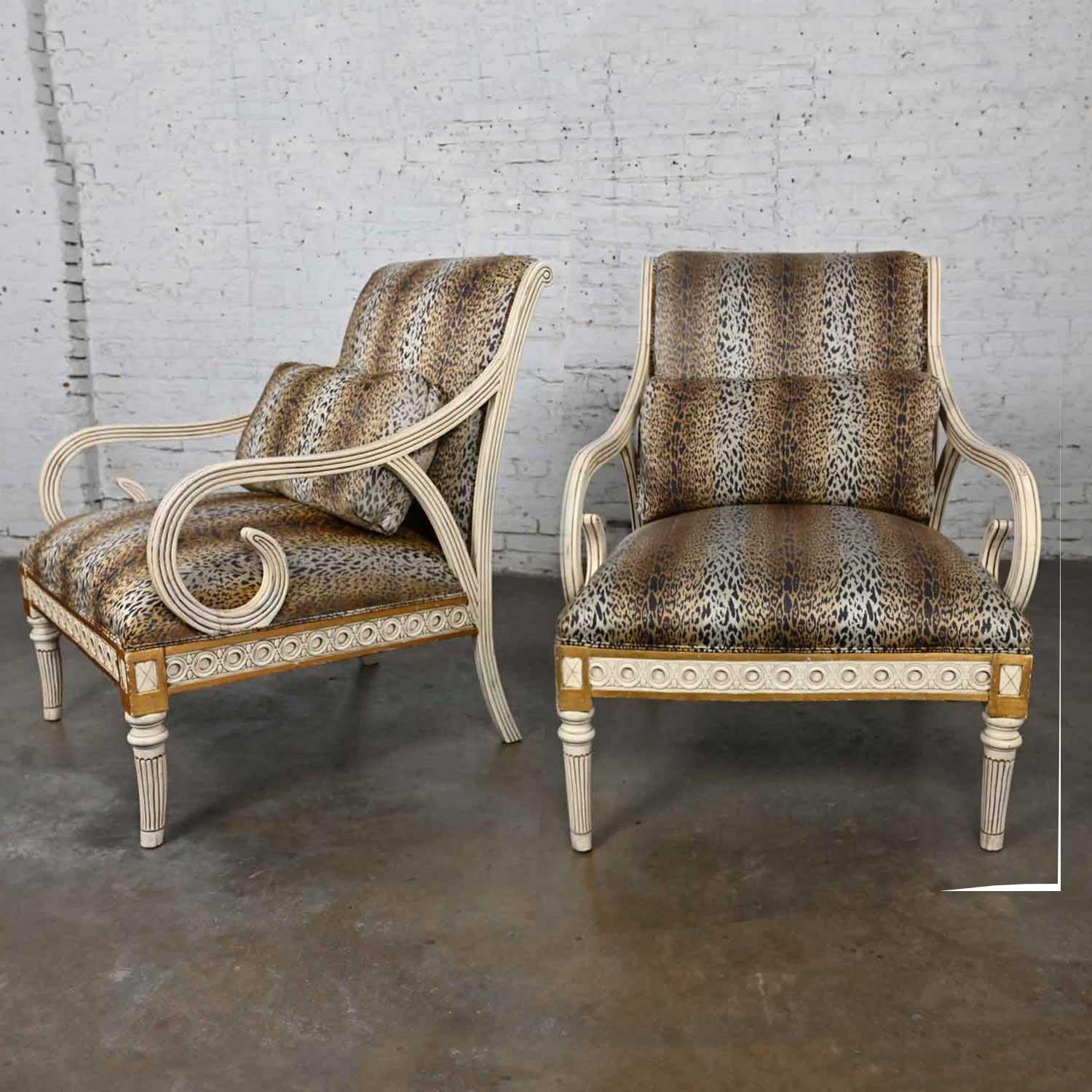 Late 20th Henredon Neoclassic Revival Animal Print Large Scale Arm Chairs a Pair For Sale 2
