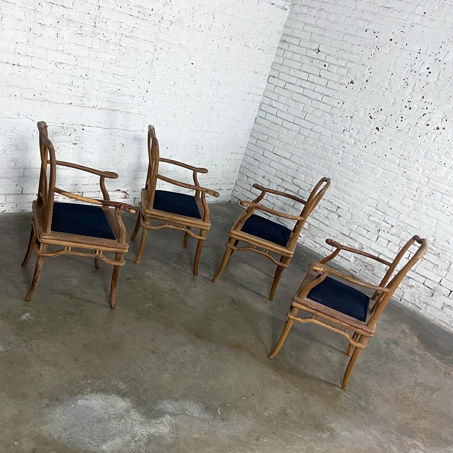 Late 20th Ming Style Indonesian Dining Armed Chairs Natural Teak w/ Black Seats For Sale 5