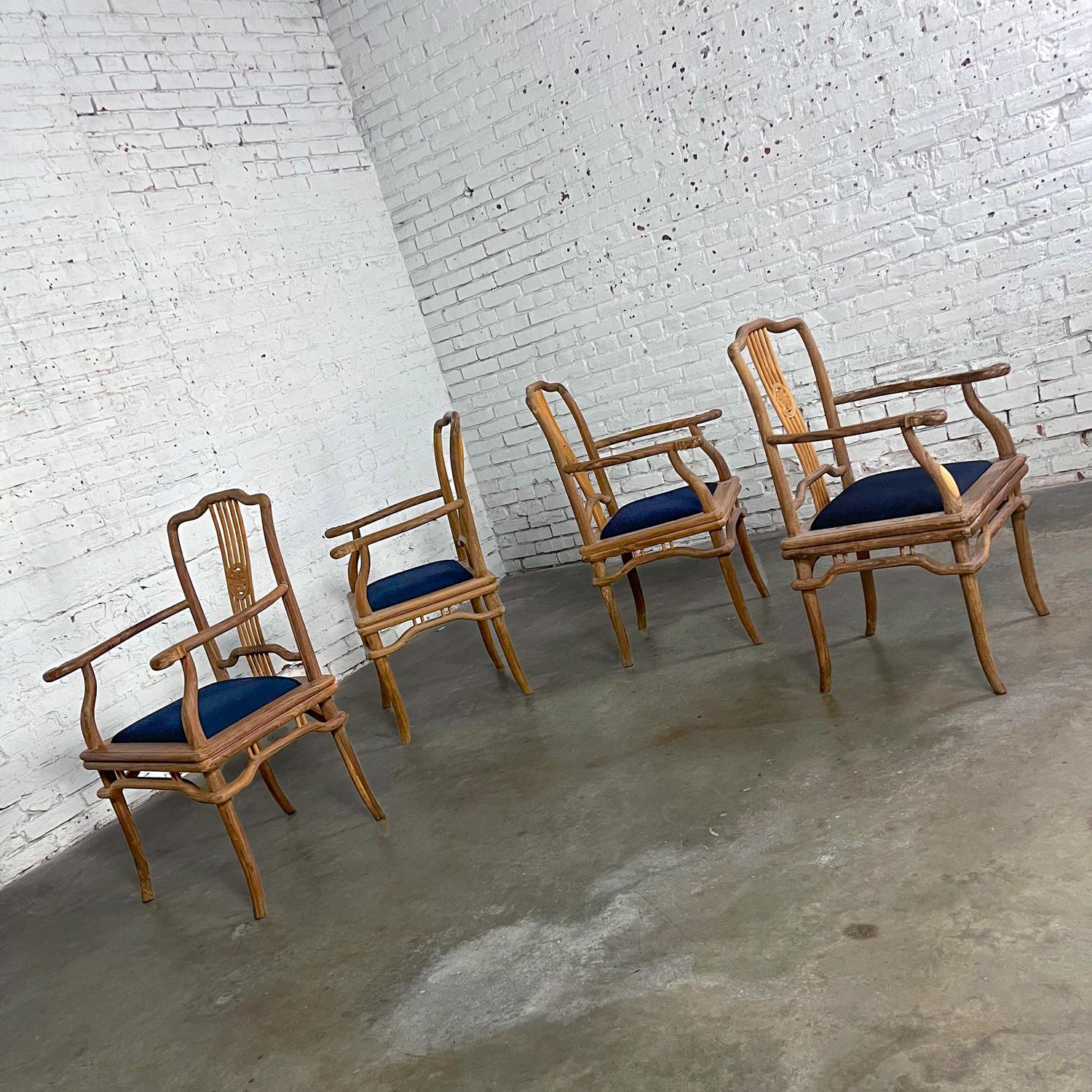 Late 20th Ming Style Indonesian Dining Armed Chairs Natural Teak w/ Black Seats For Sale 6