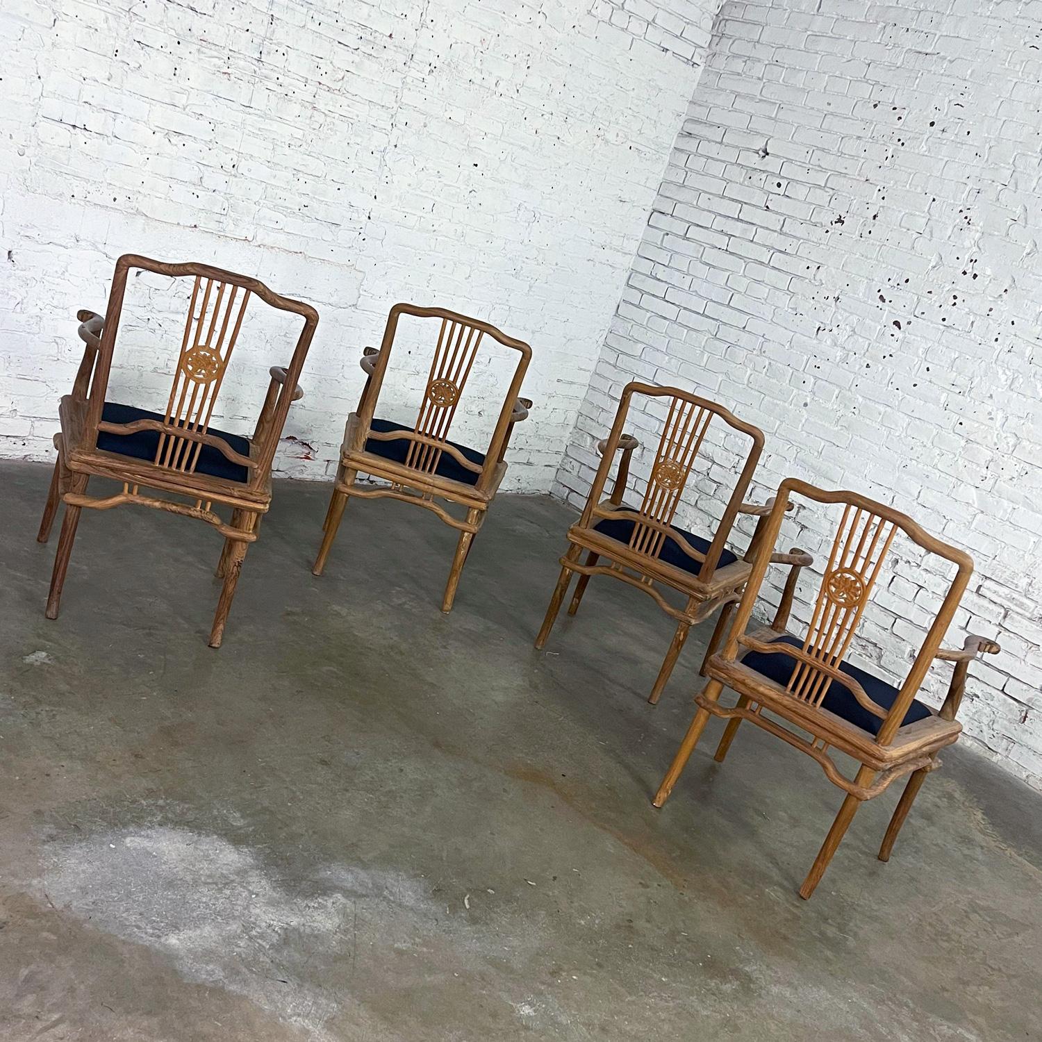 Late 20th Ming Style Indonesian Dining Armed Chairs Natural Teak w/ Black Seats For Sale 7