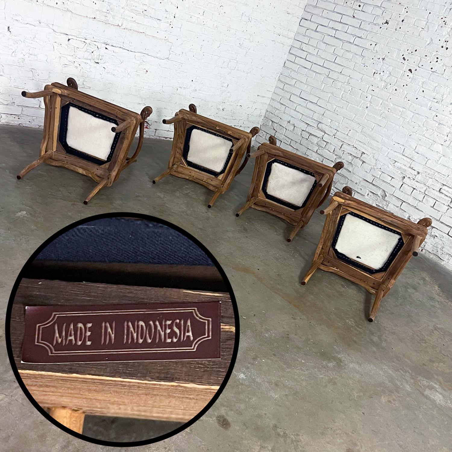 Late 20th Ming Style Indonesian Dining Armed Chairs Natural Teak w/ Black Seats For Sale 8