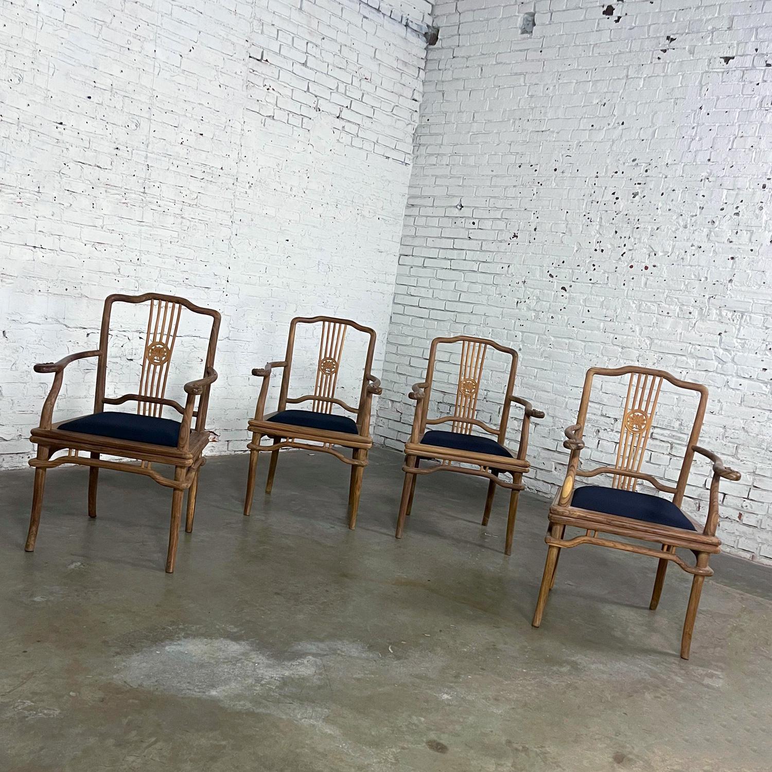 Late 20th Ming Style Indonesian Dining Armed Chairs Natural Teak w/ Black Seats For Sale 13