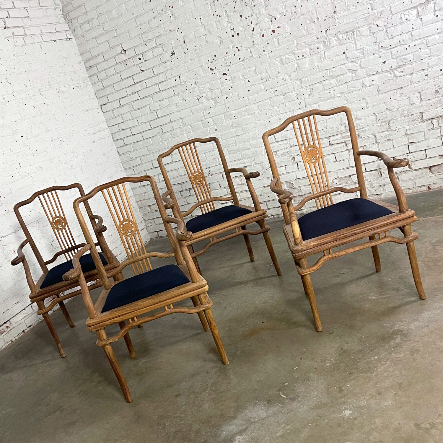 Lovely vintage Ming style Indonesian dining armed chairs comprised of natural teak frames & upholstered drop in seats. Beautiful condition, keeping in mind that these are vintage and not new so will have signs of use and wear. The seats have been