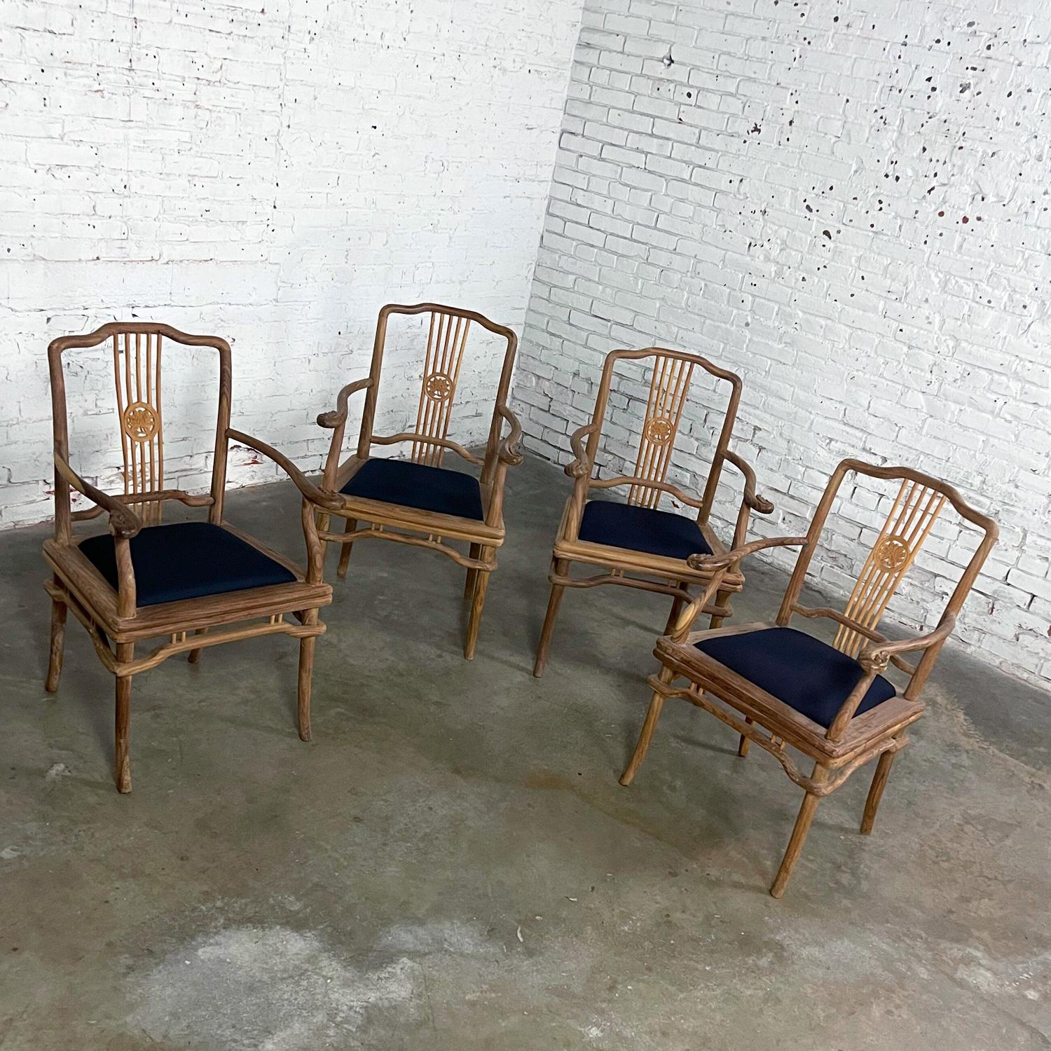 20th Century Late 20th Ming Style Indonesian Dining Armed Chairs Natural Teak w/ Black Seats For Sale