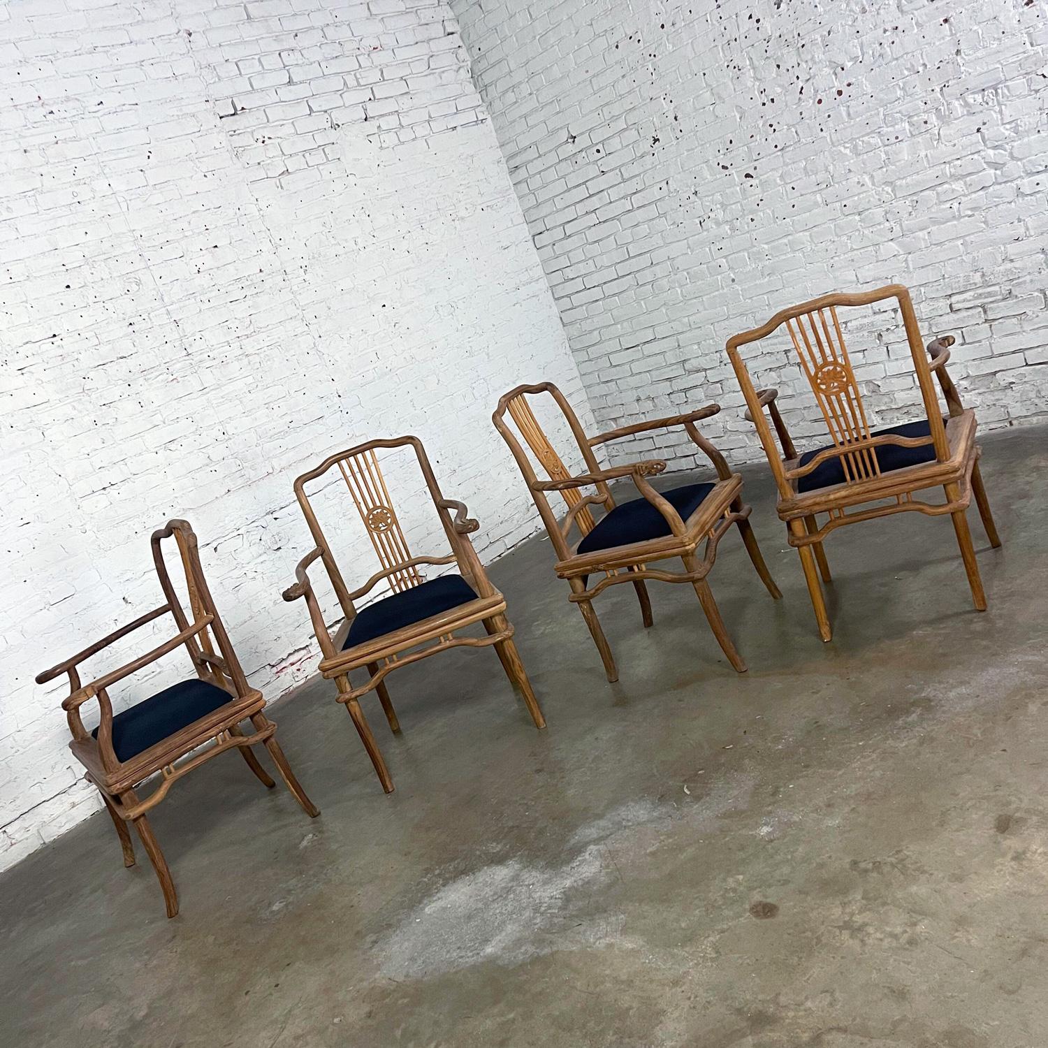 Canvas Late 20th Ming Style Indonesian Dining Armed Chairs Natural Teak w/ Black Seats For Sale