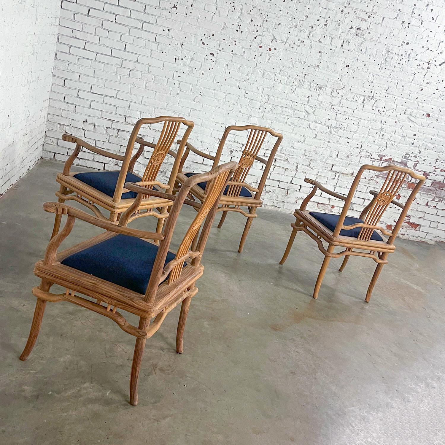 Late 20th Ming Style Indonesian Dining Armed Chairs Natural Teak w/ Black Seats For Sale 1