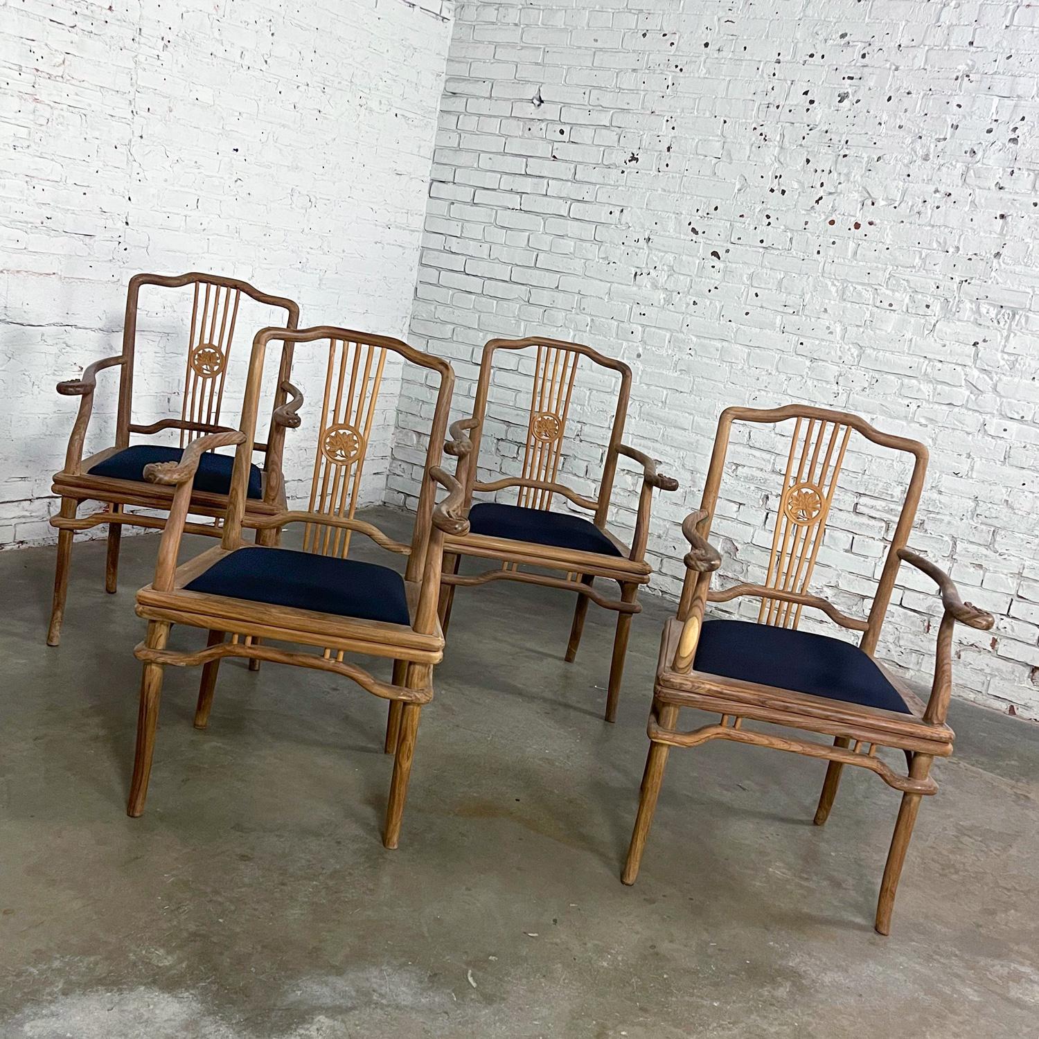 Late 20th Ming Style Indonesian Dining Armed Chairs Natural Teak w/ Black Seats For Sale 3
