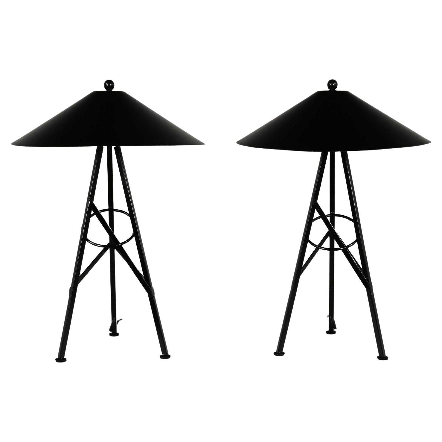 Late 20th Modern to Postmodern Metal Tri Leg Table Lamps Aluminum Coolie Shades For Sale