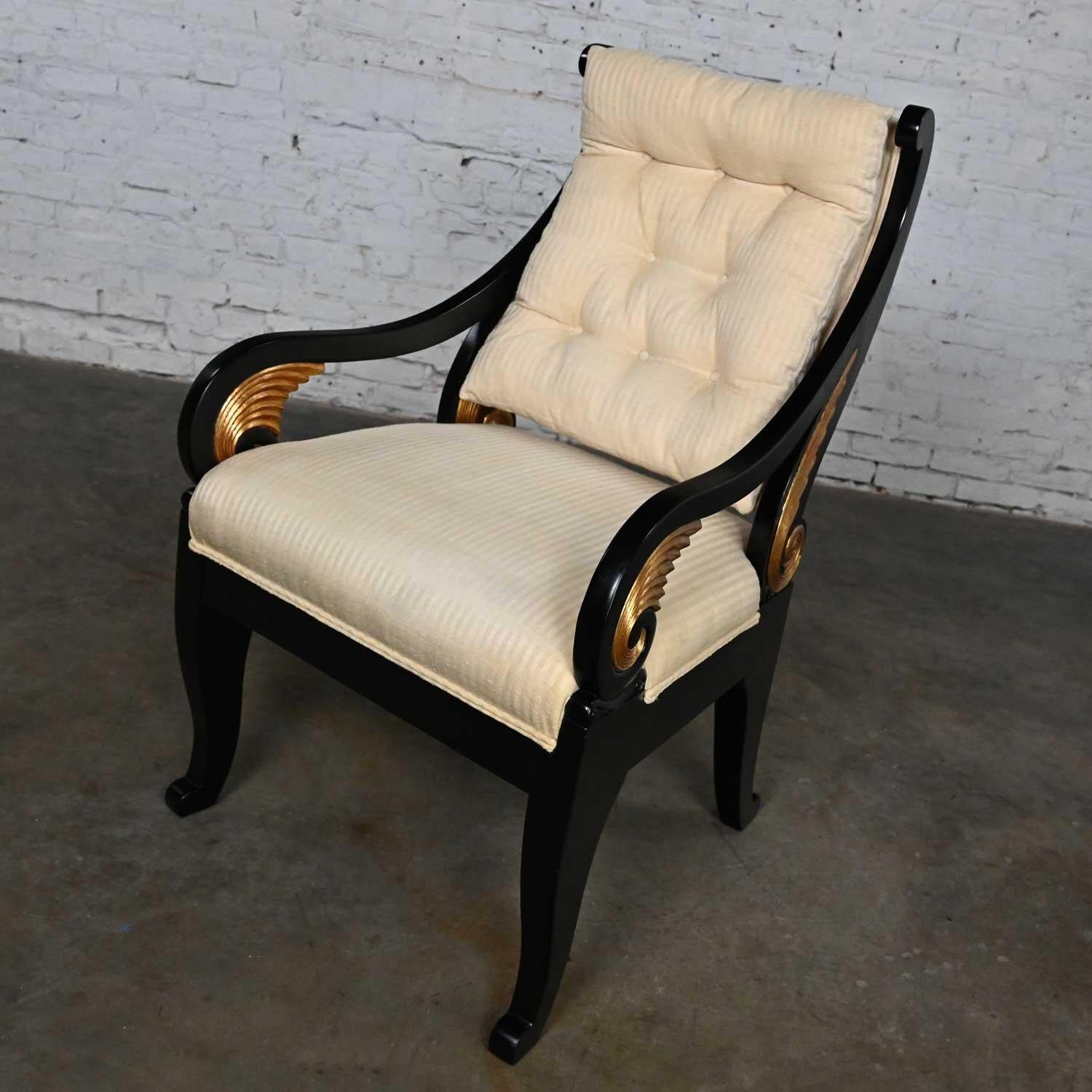 Late 20th Neoclassic Revival Black Side Chair Gilt Wing Accents Off-White Fabric For Sale 4