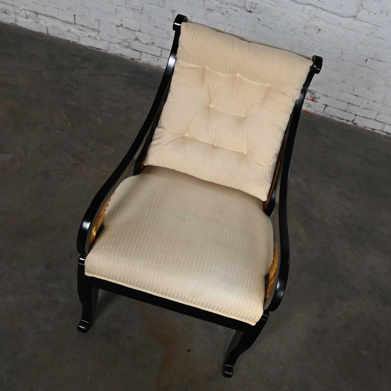 Late 20th Neoclassic Revival Black Side Chair Gilt Wing Accents Off-White Fabric For Sale 5