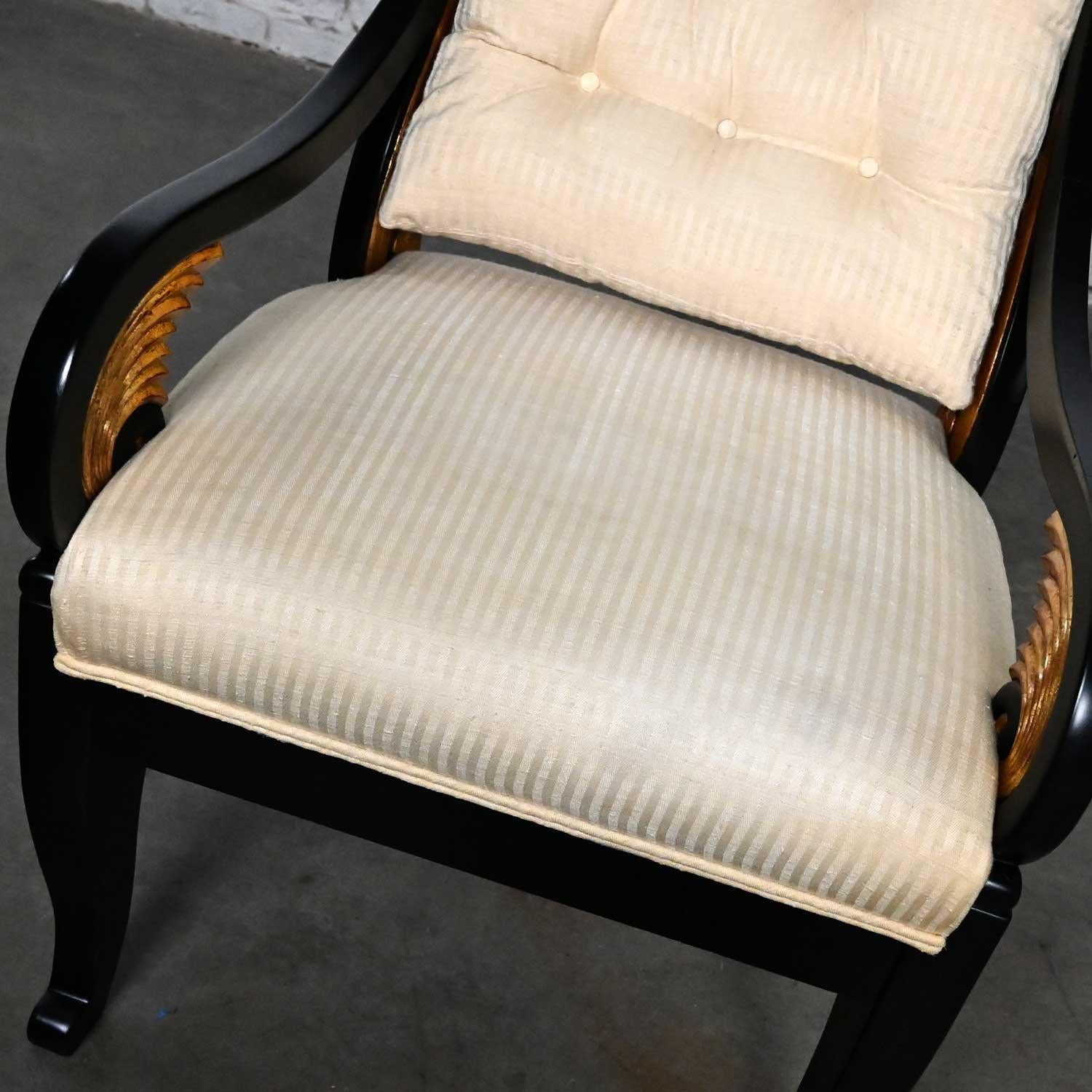 Late 20th Neoclassic Revival Black Side Chair Gilt Wing Accents Off-White Fabric For Sale 7