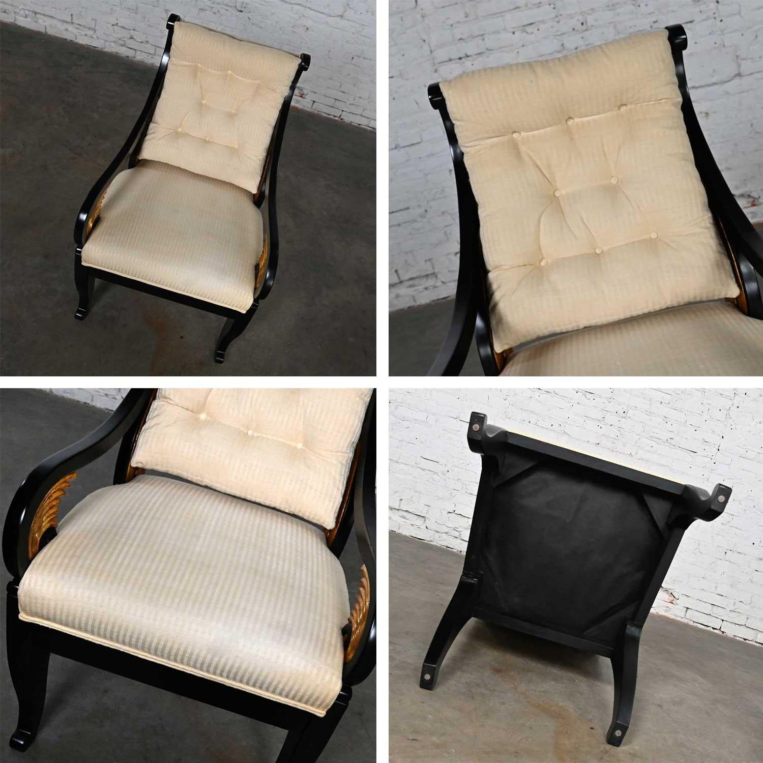 Late 20th Neoclassic Revival Black Side Chair Gilt Wing Accents Off-White Fabric For Sale 10