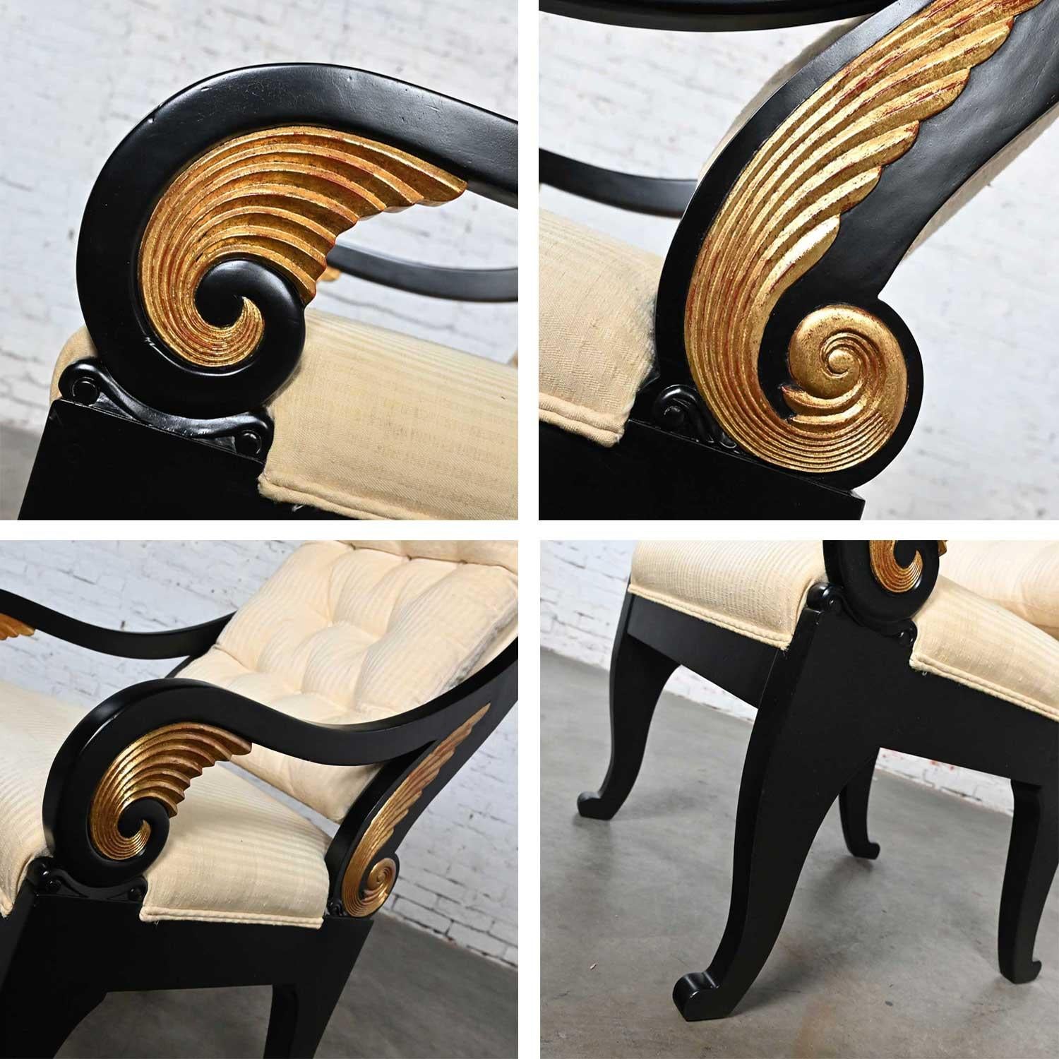 Late 20th Neoclassic Revival Black Side Chair Gilt Wing Accents Off-White Fabric For Sale 11