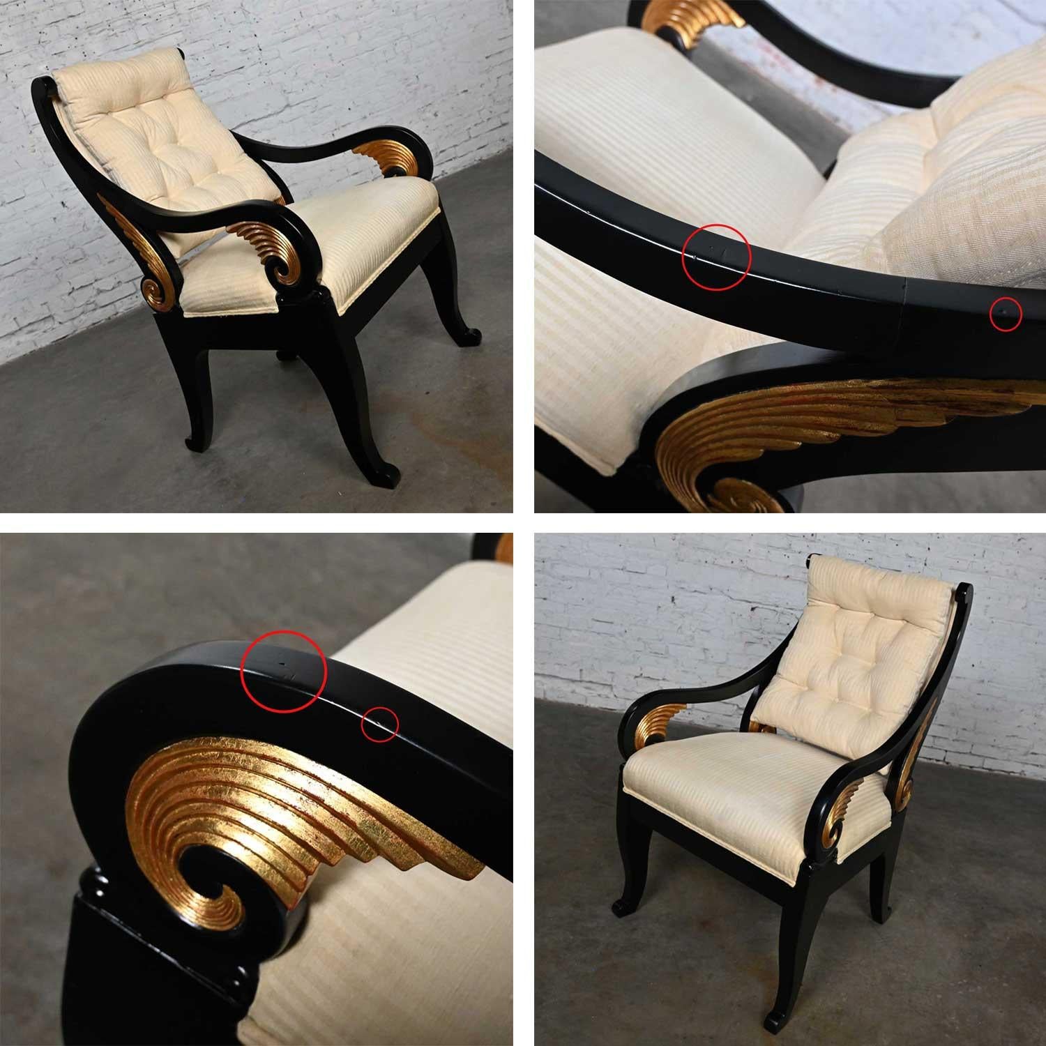 Late 20th Neoclassic Revival Black Side Chair Gilt Wing Accents Off-White Fabric For Sale 12