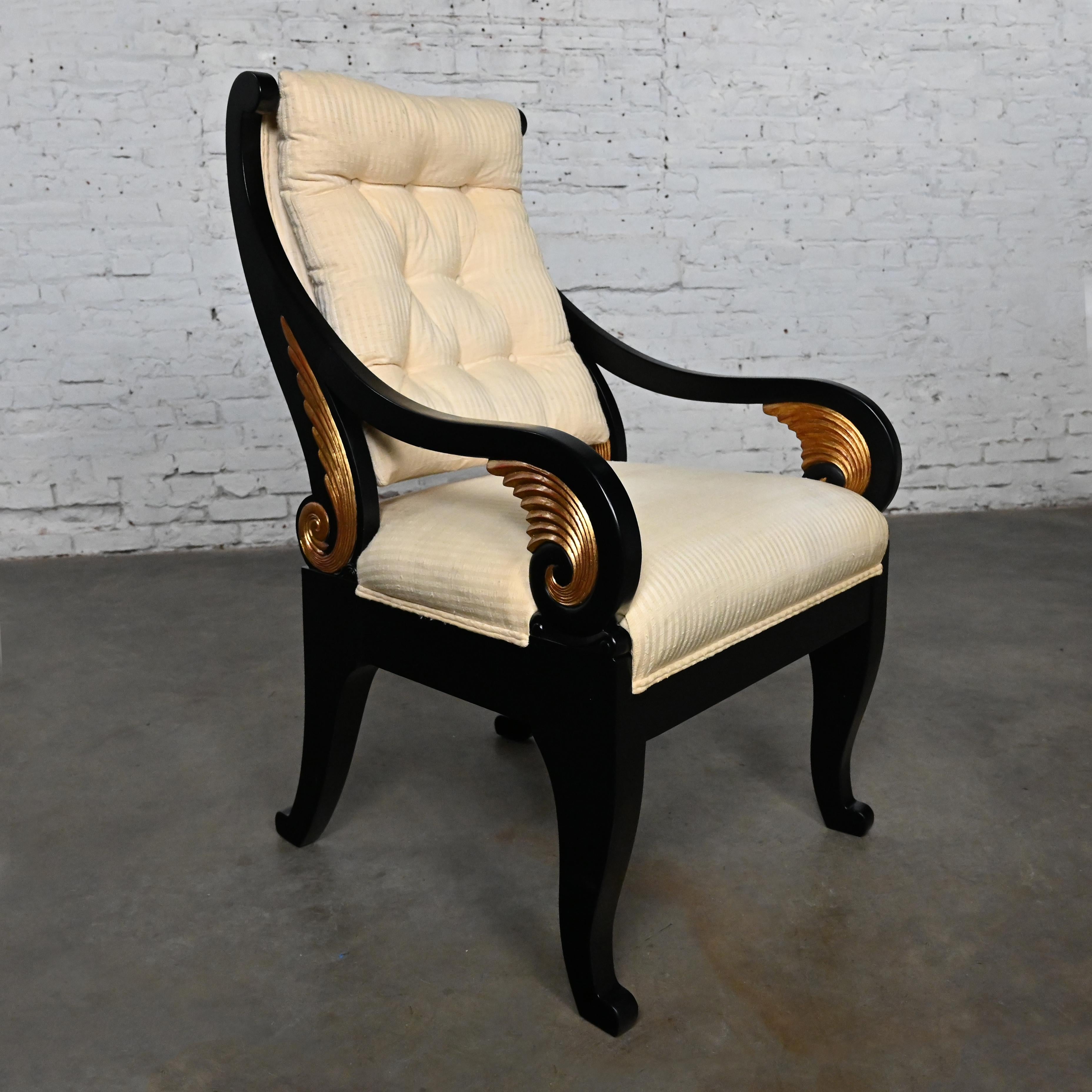 Late 20th Neoclassic Revival Black Side Chair Gilt Wing Accents Off-White Fabric For Sale 13