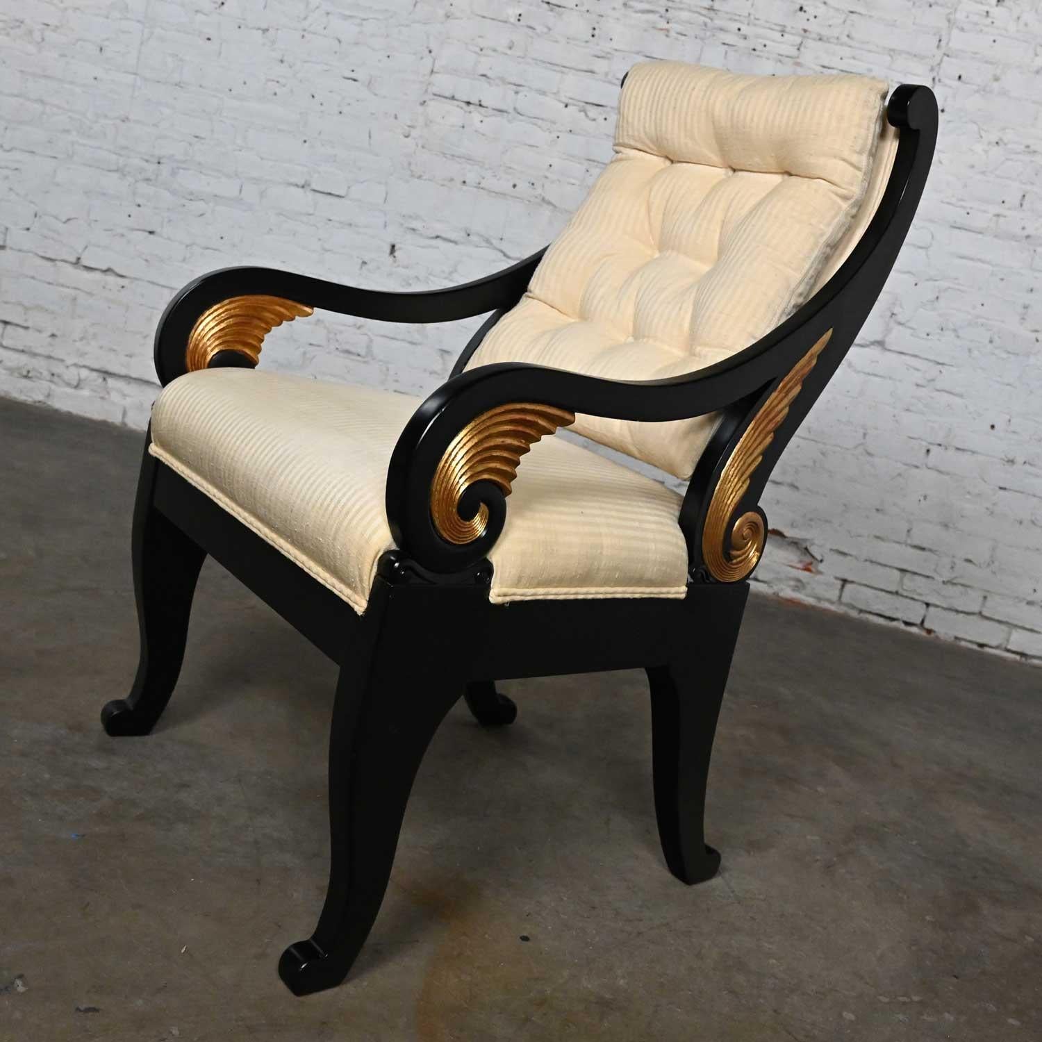 Neoclassical Revival Late 20th Neoclassic Revival Black Side Chair Gilt Wing Accents Off-White Fabric For Sale