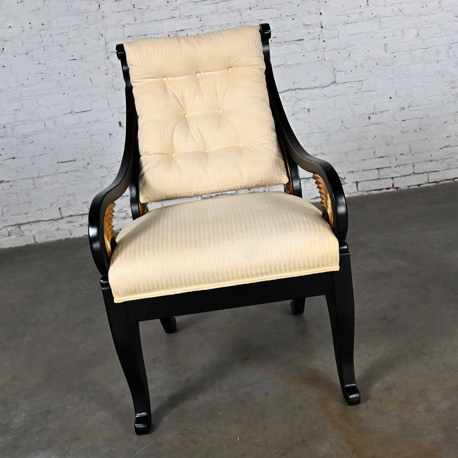 Unknown Late 20th Neoclassic Revival Black Side Chair Gilt Wing Accents Off-White Fabric For Sale