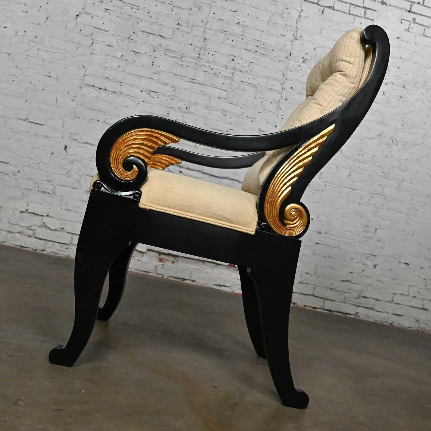 Late 20th Neoclassic Revival Black Side Chair Gilt Wing Accents Off-White Fabric In Good Condition For Sale In Topeka, KS