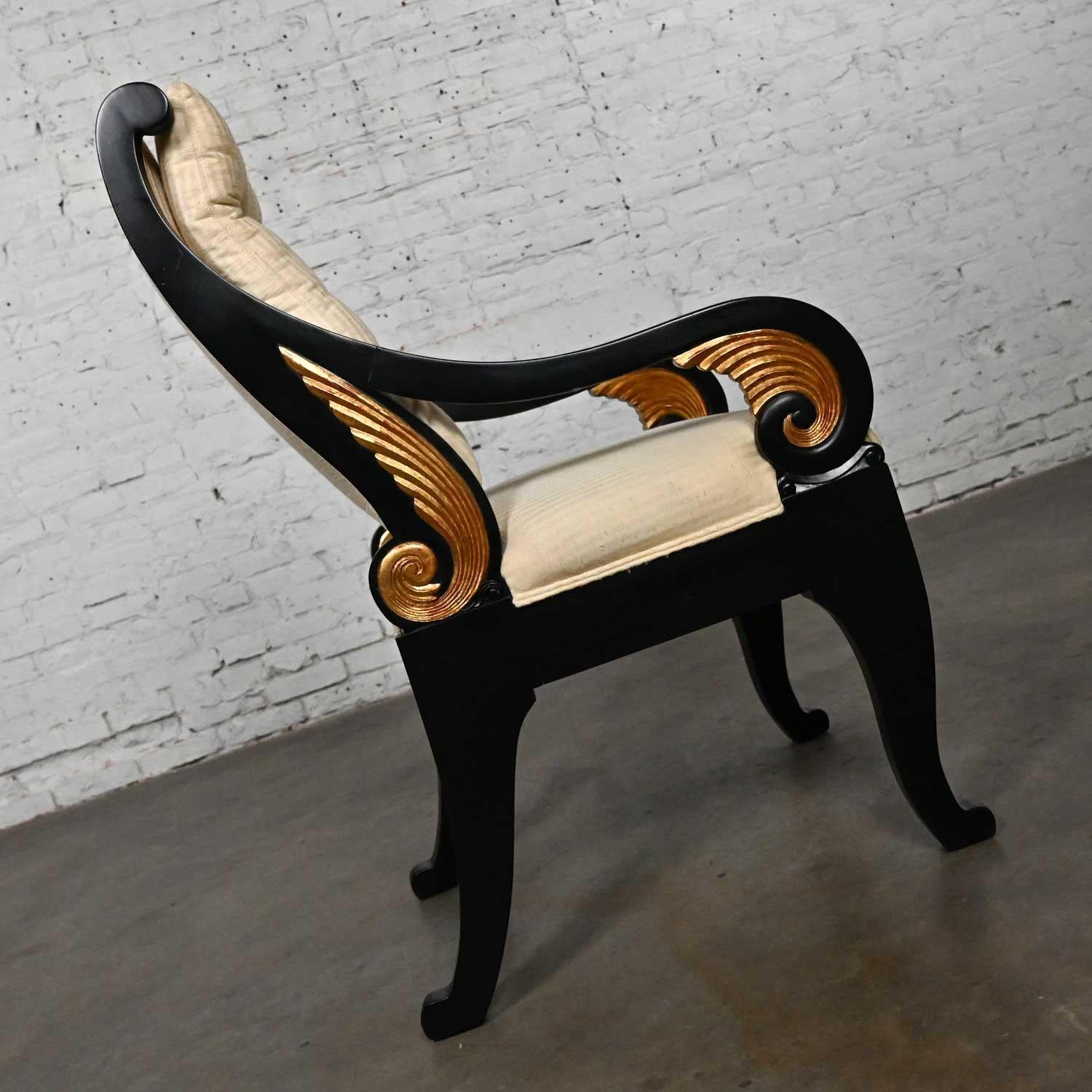 20th Century Late 20th Neoclassic Revival Black Side Chair Gilt Wing Accents Off-White Fabric For Sale