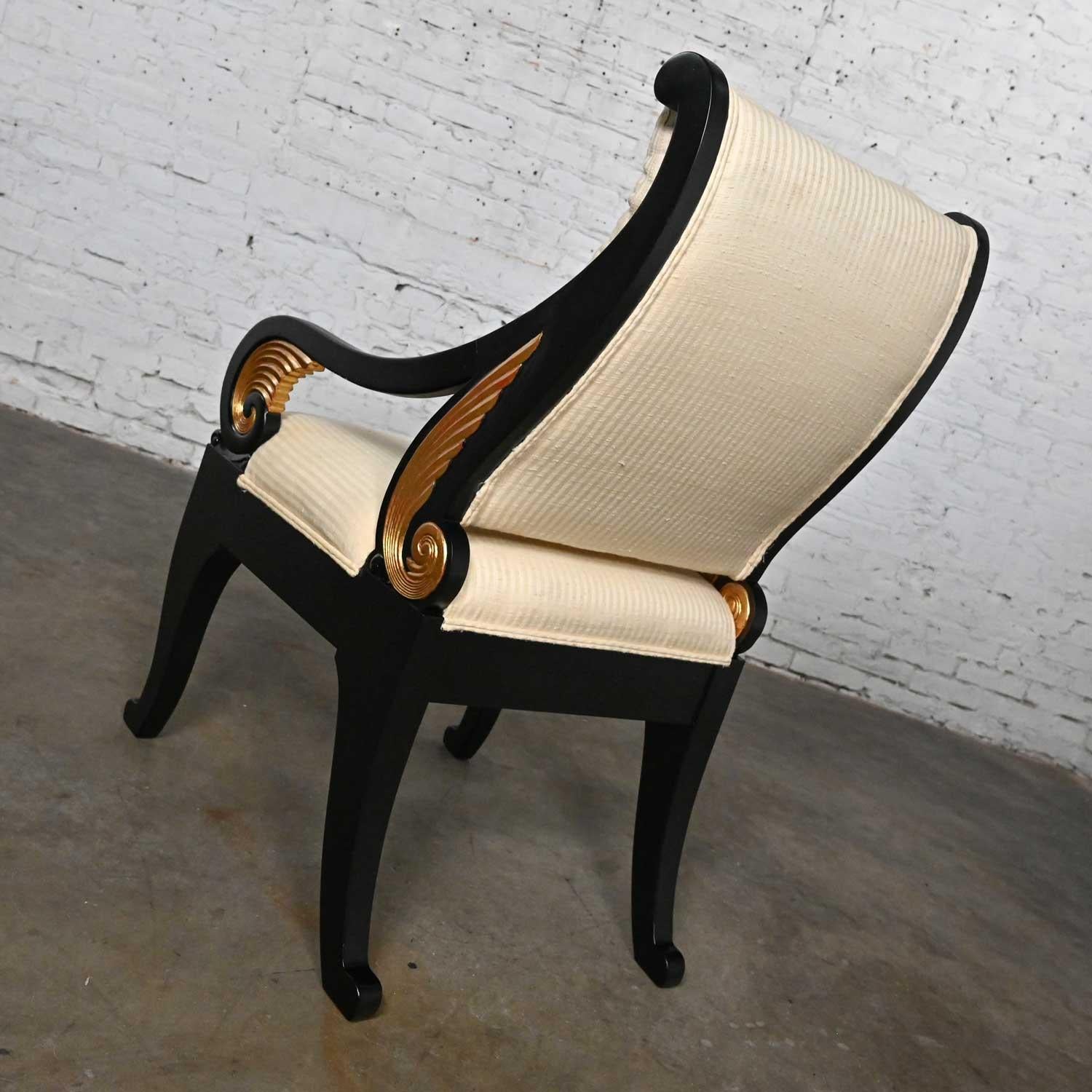 Late 20th Neoclassic Revival Black Side Chair Gilt Wing Accents Off-White Fabric For Sale 1