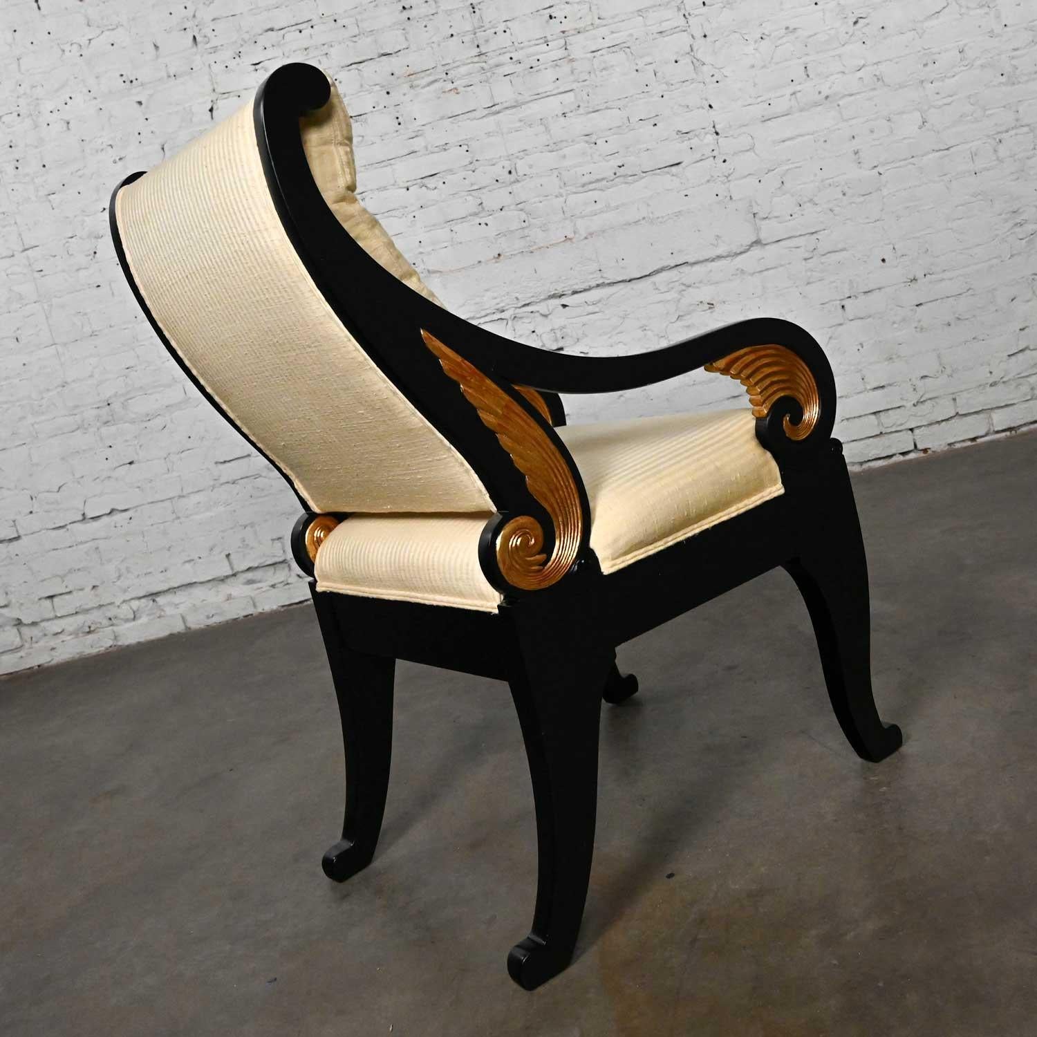 Late 20th Neoclassic Revival Black Side Chair Gilt Wing Accents Off-White Fabric For Sale 2