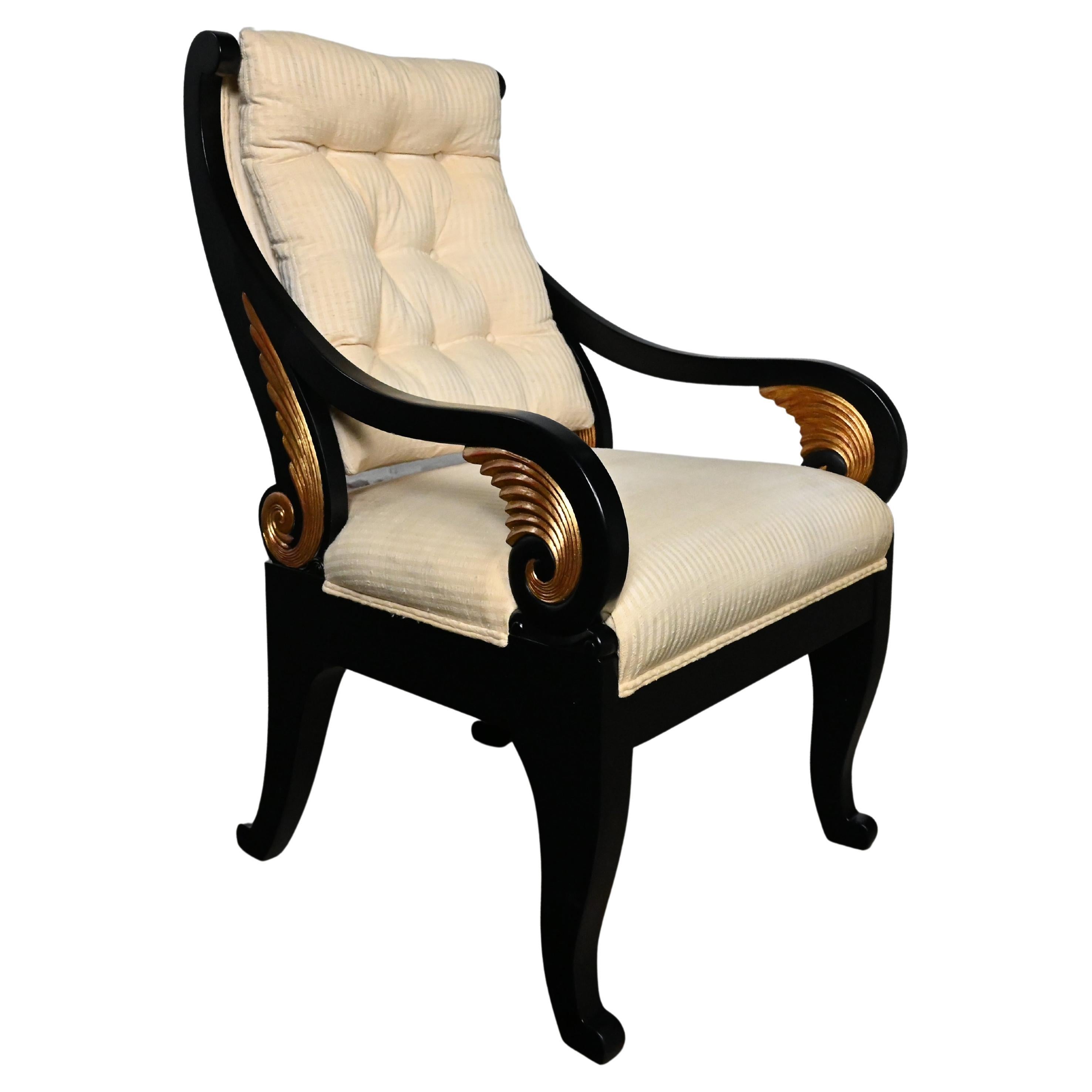 Late 20th Neoclassic Revival Black Side Chair Gilt Wing Accents Off-White Fabric For Sale