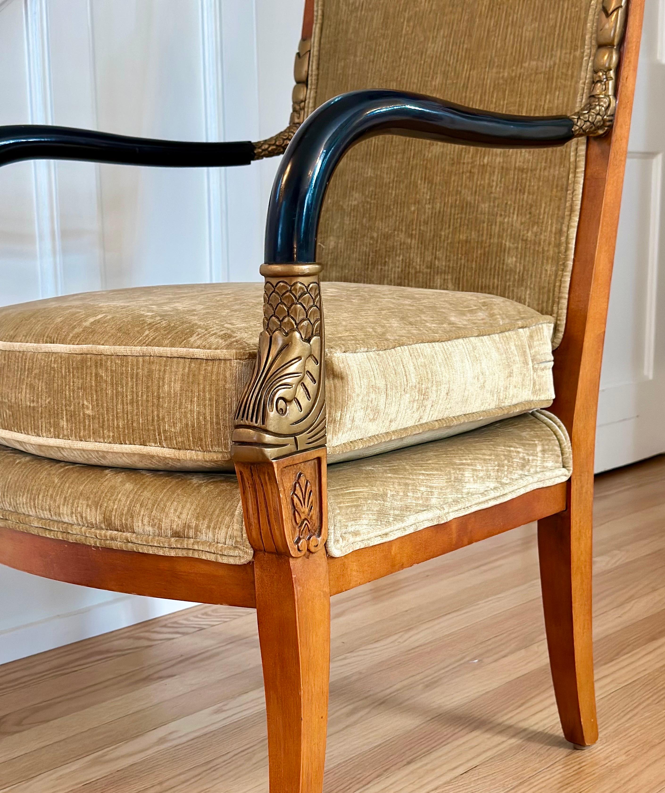Late 20th Neoclassical Armchair in Champagne Chenille Velvet & Gilt Fish Motifs in vendita 9