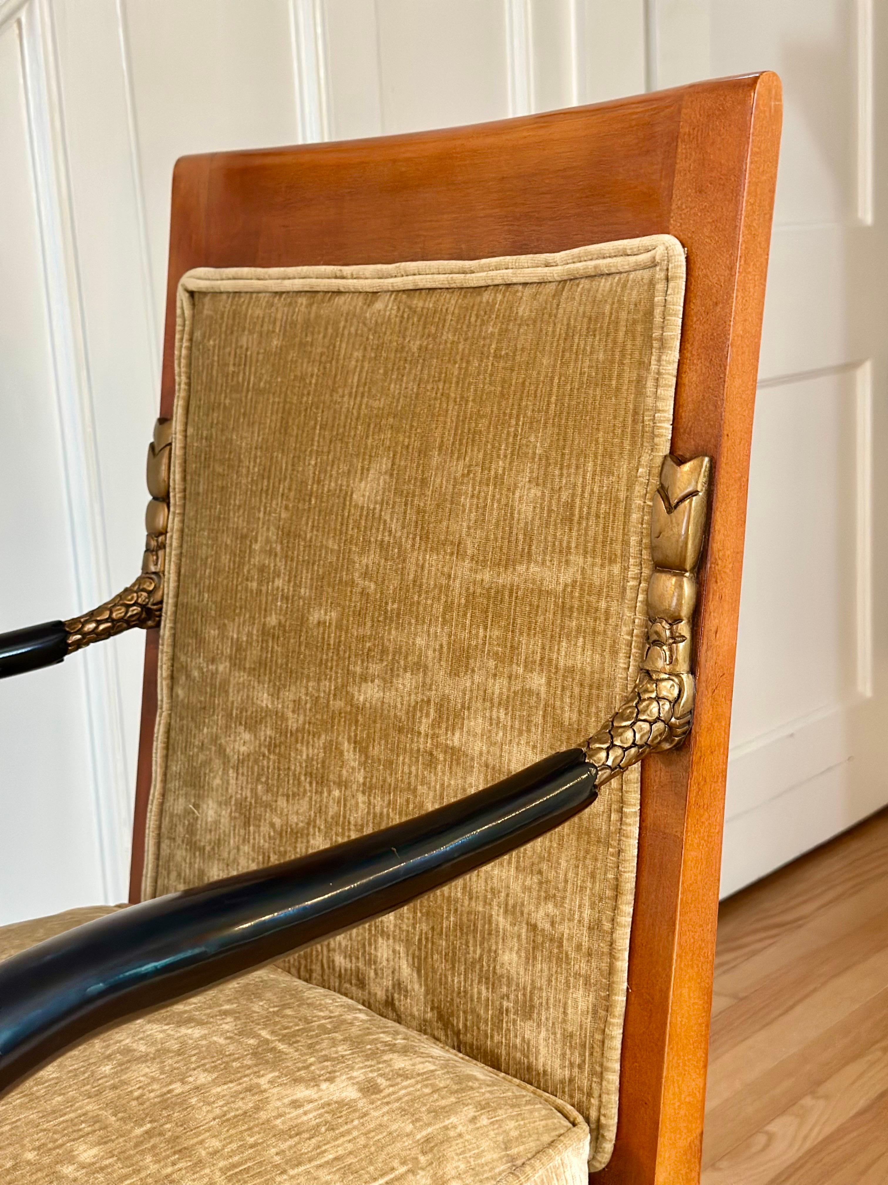 Late 20th Neoclassical Armchair in Champagne Chenille Velvet & Gilt Fish Motifs in vendita 10