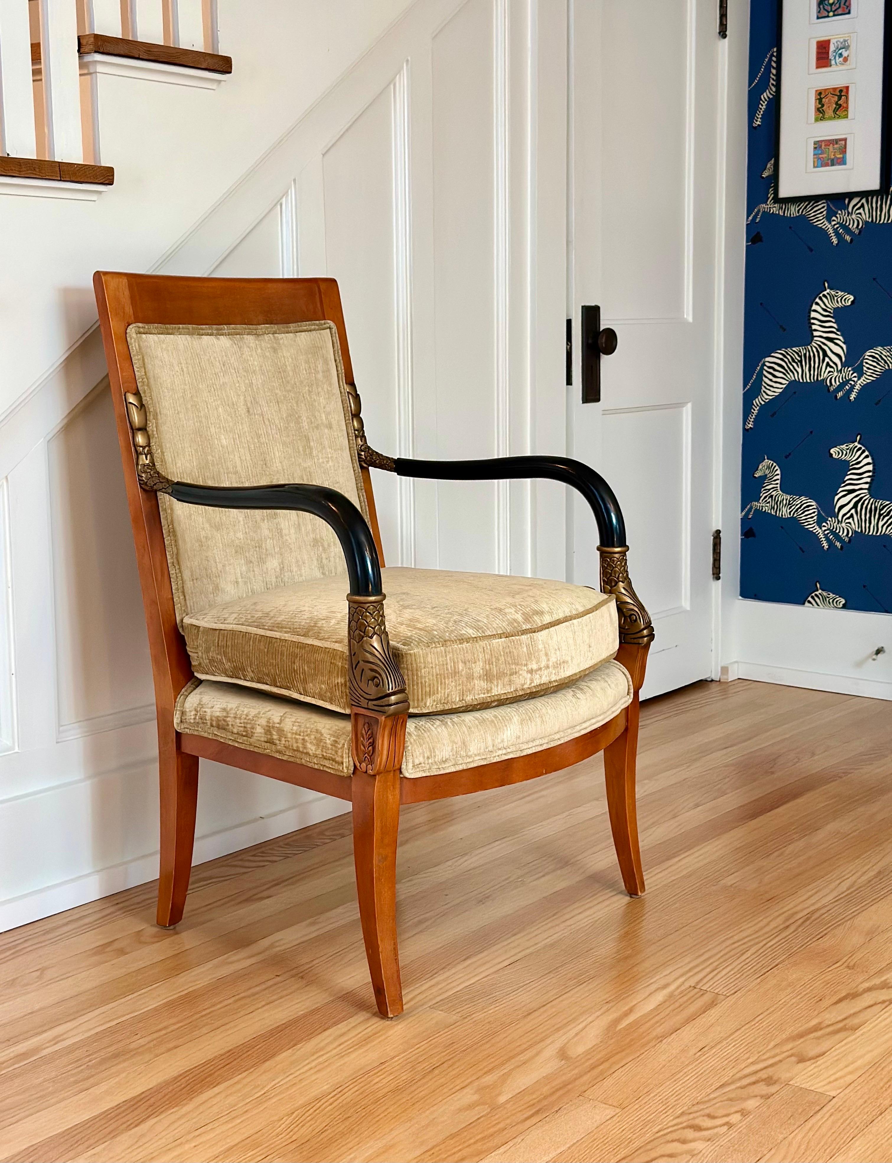 XX secolo Late 20th Neoclassical Armchair in Champagne Chenille Velvet & Gilt Fish Motifs in vendita