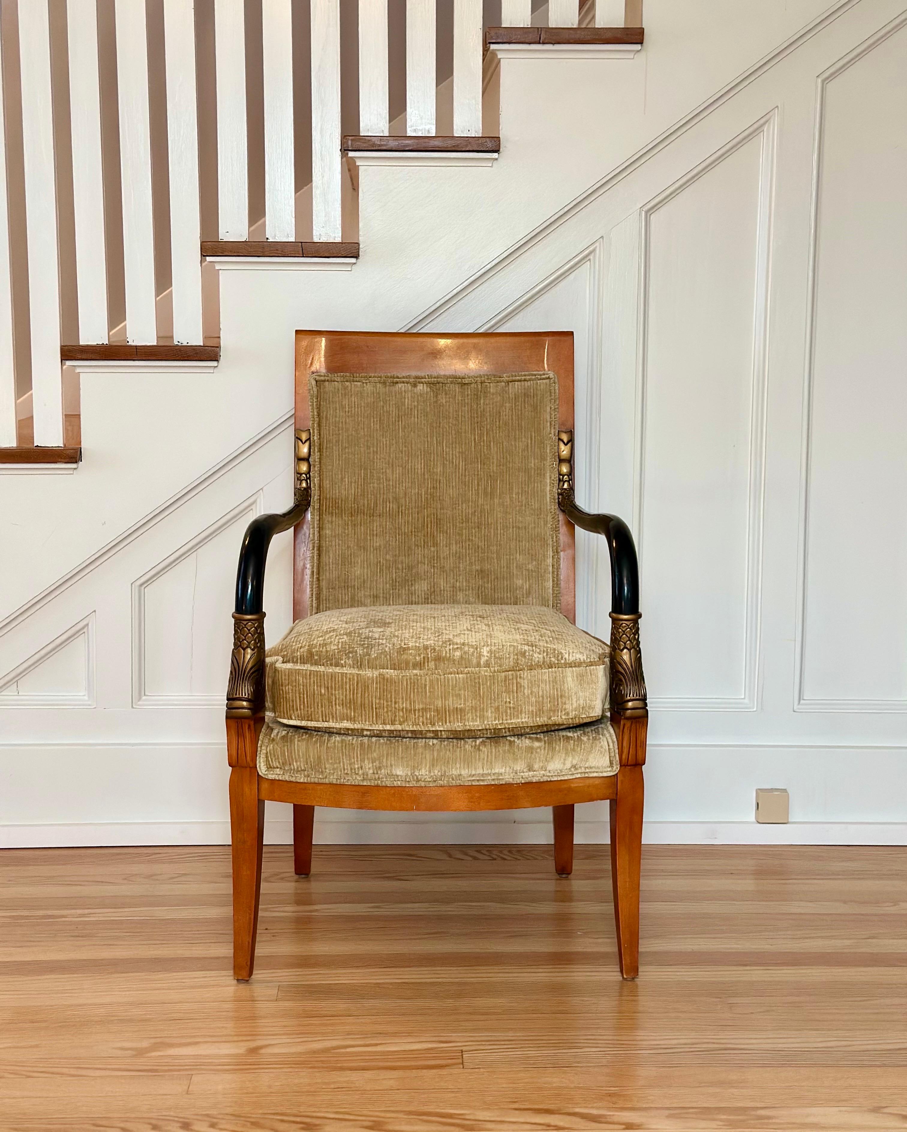 Velluto Late 20th Neoclassical Armchair in Champagne Chenille Velvet & Gilt Fish Motifs in vendita