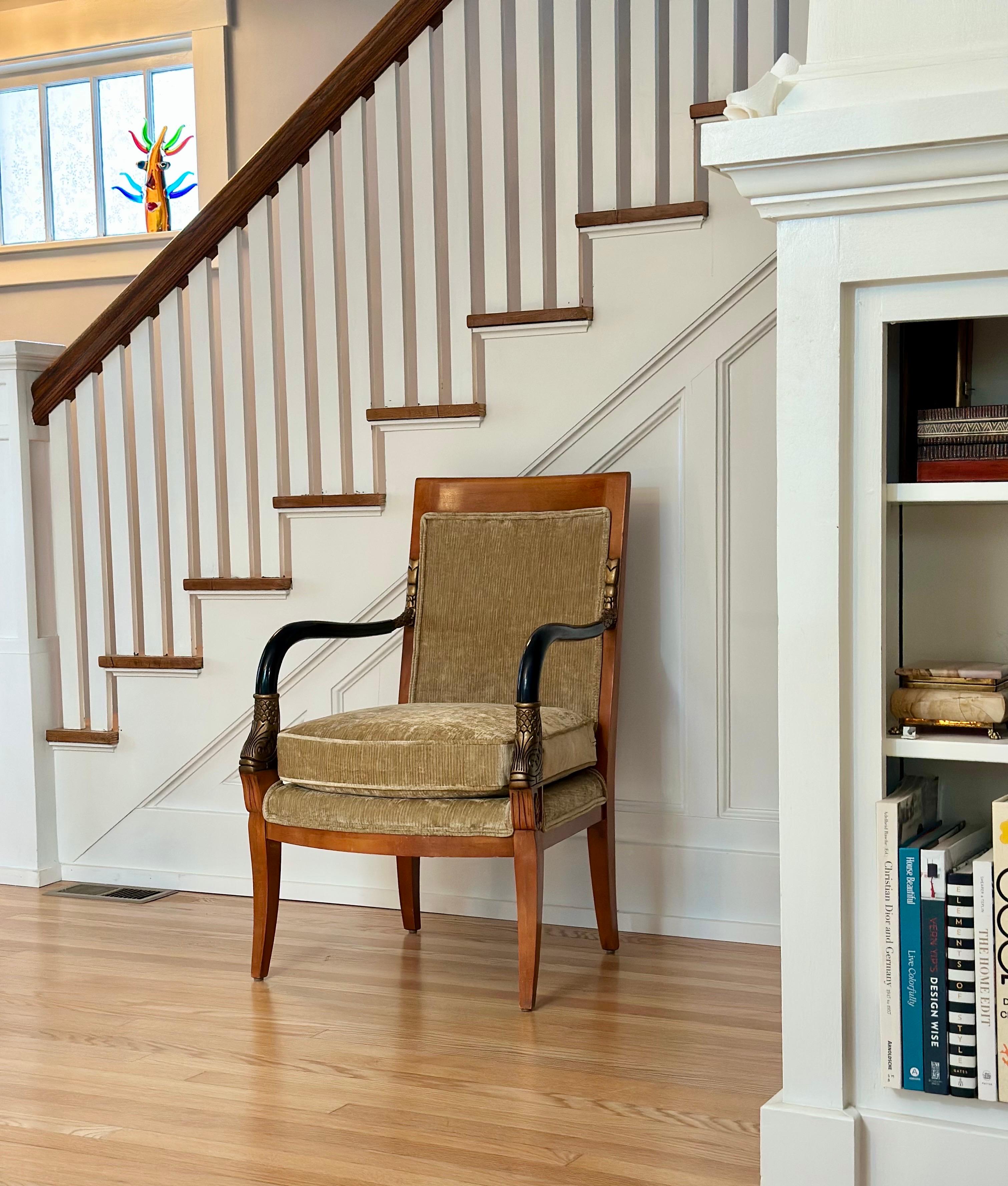 Late 20th Neoclassical Armchair in Champagne Chenille Velvet & Gilt Fish Motifs in vendita 1