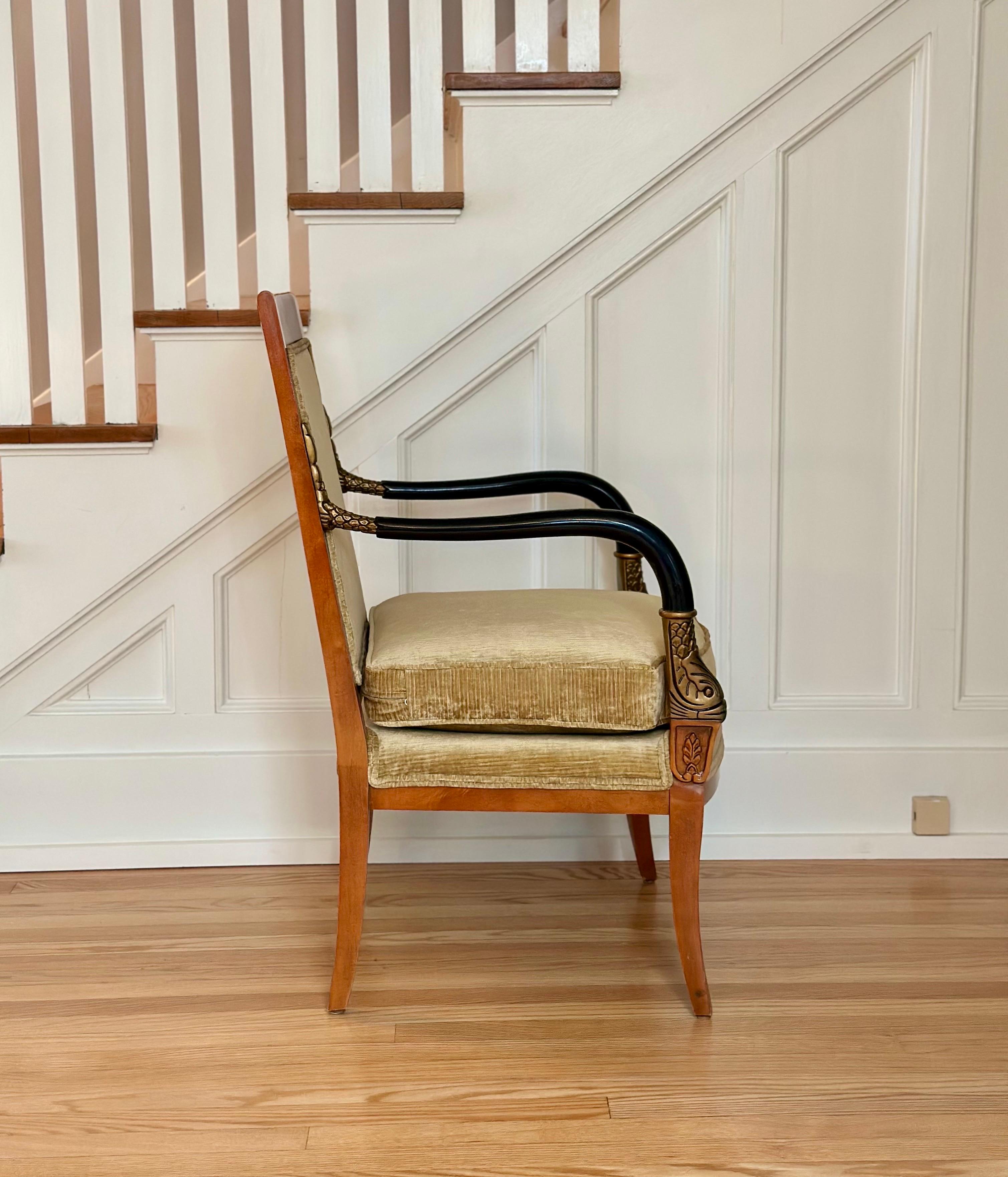 Late 20th Neoclassical Armchair in Champagne Chenille Velvet & Gilt Fish Motifs in vendita 4