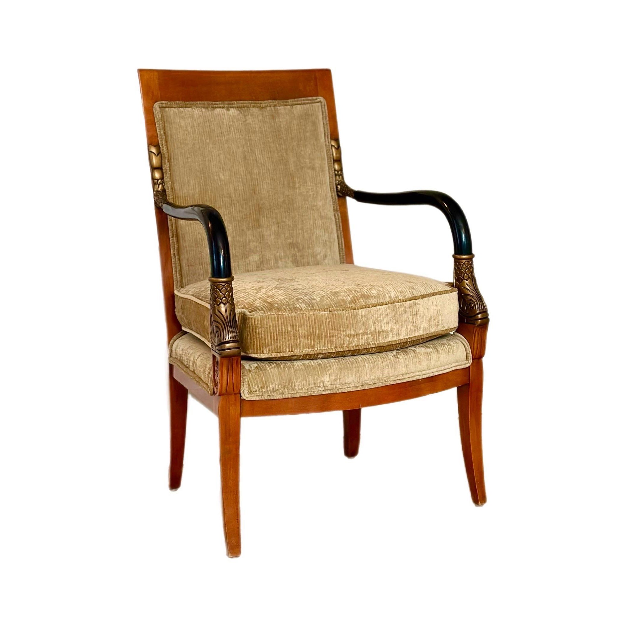 Late 20th Neoclassical Armchair in Champagne Chenille Velvet 
Gilt Fish Motifs in vendita